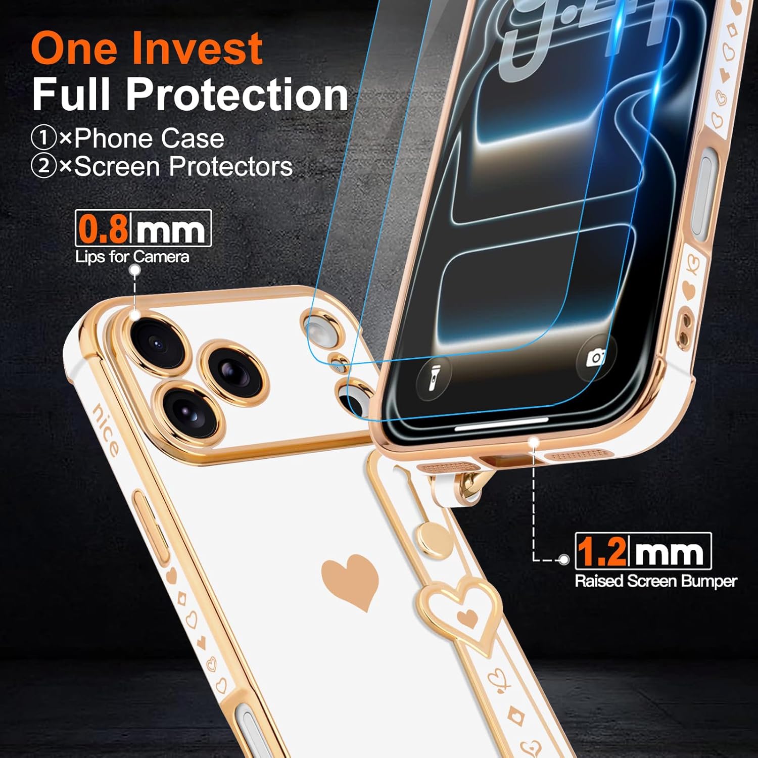 Compatible with iPhone 17 Pro Case with Strap for Women Girls [2× Screen Protectors], Cute Love-Hearts Design, Wristband Kickstand Plating Edge Protective Phone Case (6.3") - White - Image 4