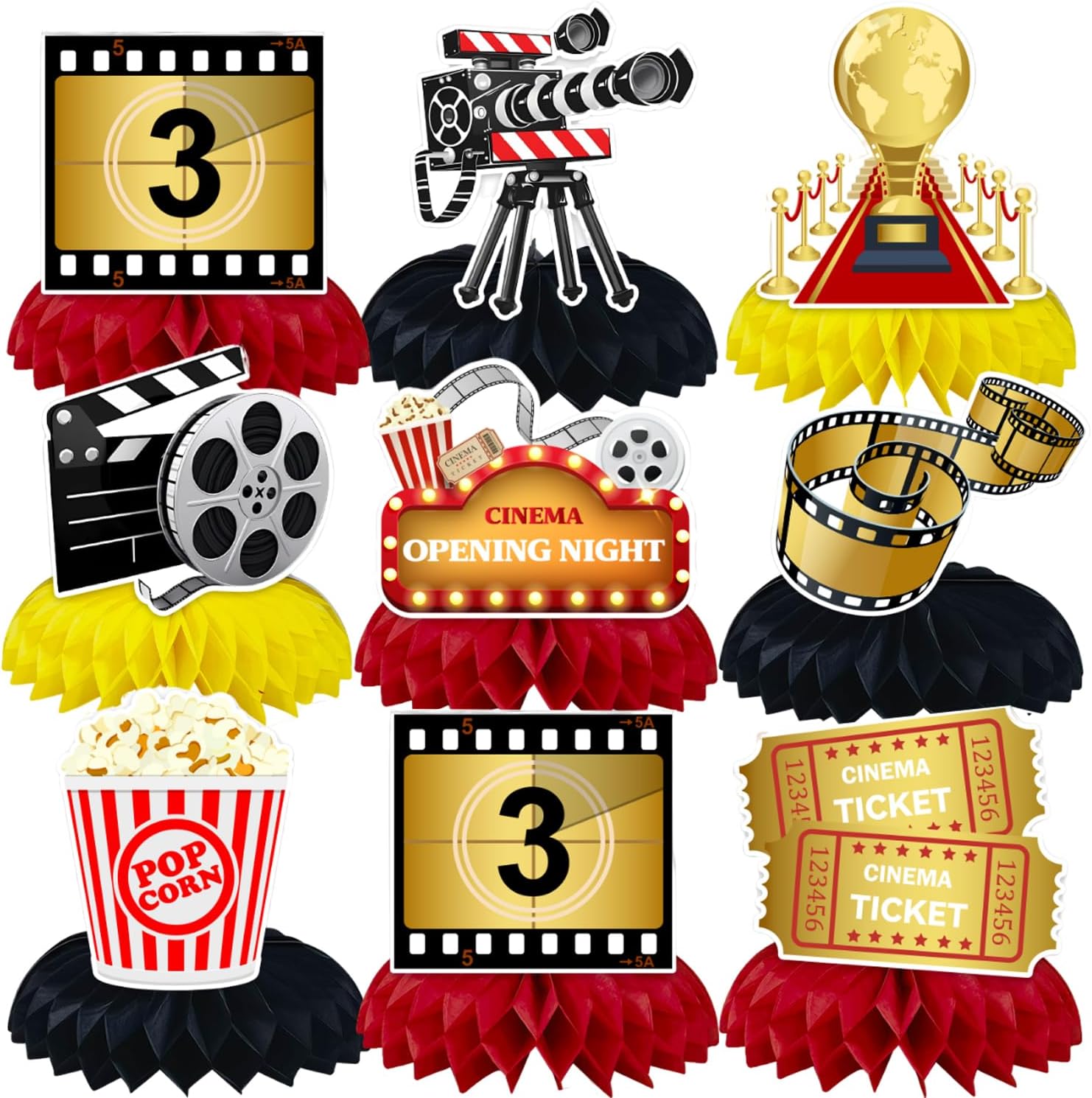9PCS Movie Night Supplies Movie Theme Honeycomb Centerpieces Table Decorations Movie Theme Party Decorations Movie Night Decorations