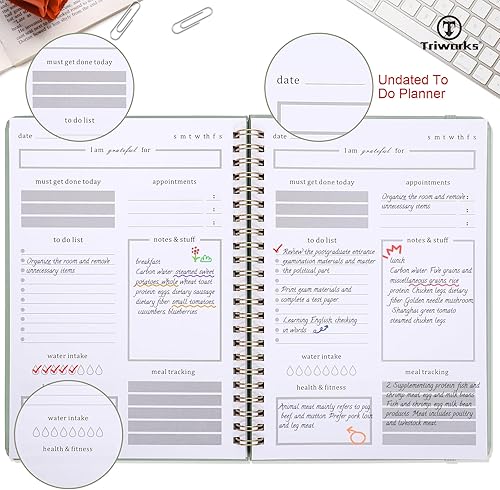 Miniatura 4 de TRIWORKS Agenda diaria 2024, bloc de notas, cuaderno de tapa dura, 150 páginas, planificador sin fecha, encuadernado en espiral, cierre elástico,