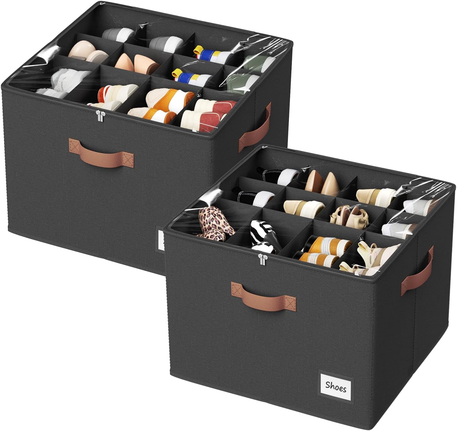 PHINOX Shoe Organizer for Closet, 2 Pack Fabric Shoe Organizer Storage Box, Shoe Storage Containers with Clear Cover, Closet Shoe Storage for Boots Sandals Slippers,Fits 16-32 Pairs, Black