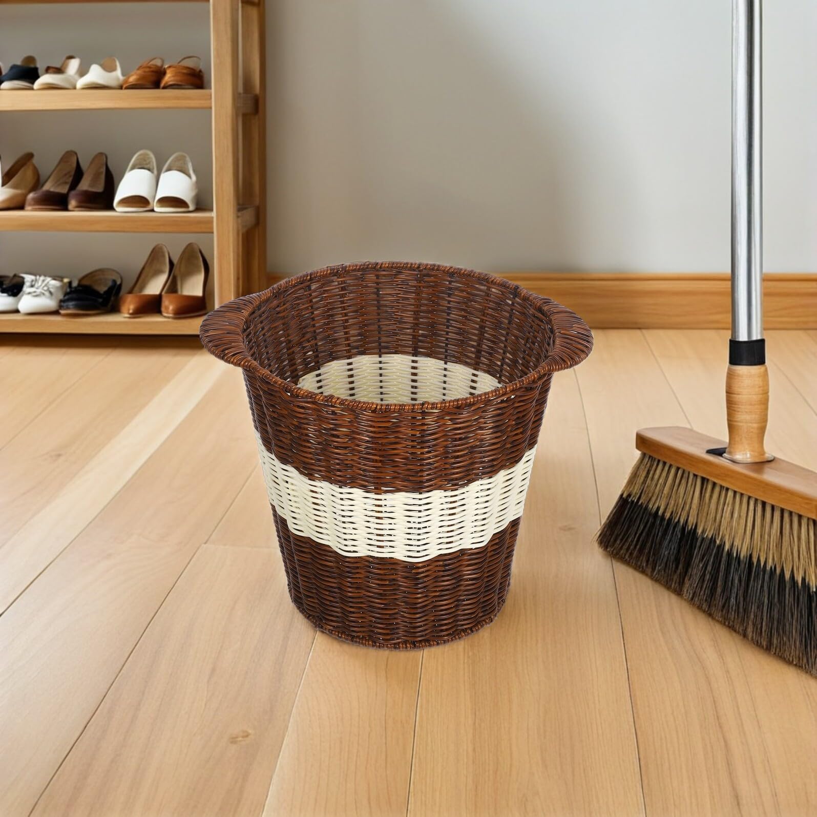 Cestino per Carta Straccia Intrecciato in Simile al Rattan per Ufficio e Bagno Grande Capacità Design Ventilato Facile da Pulire