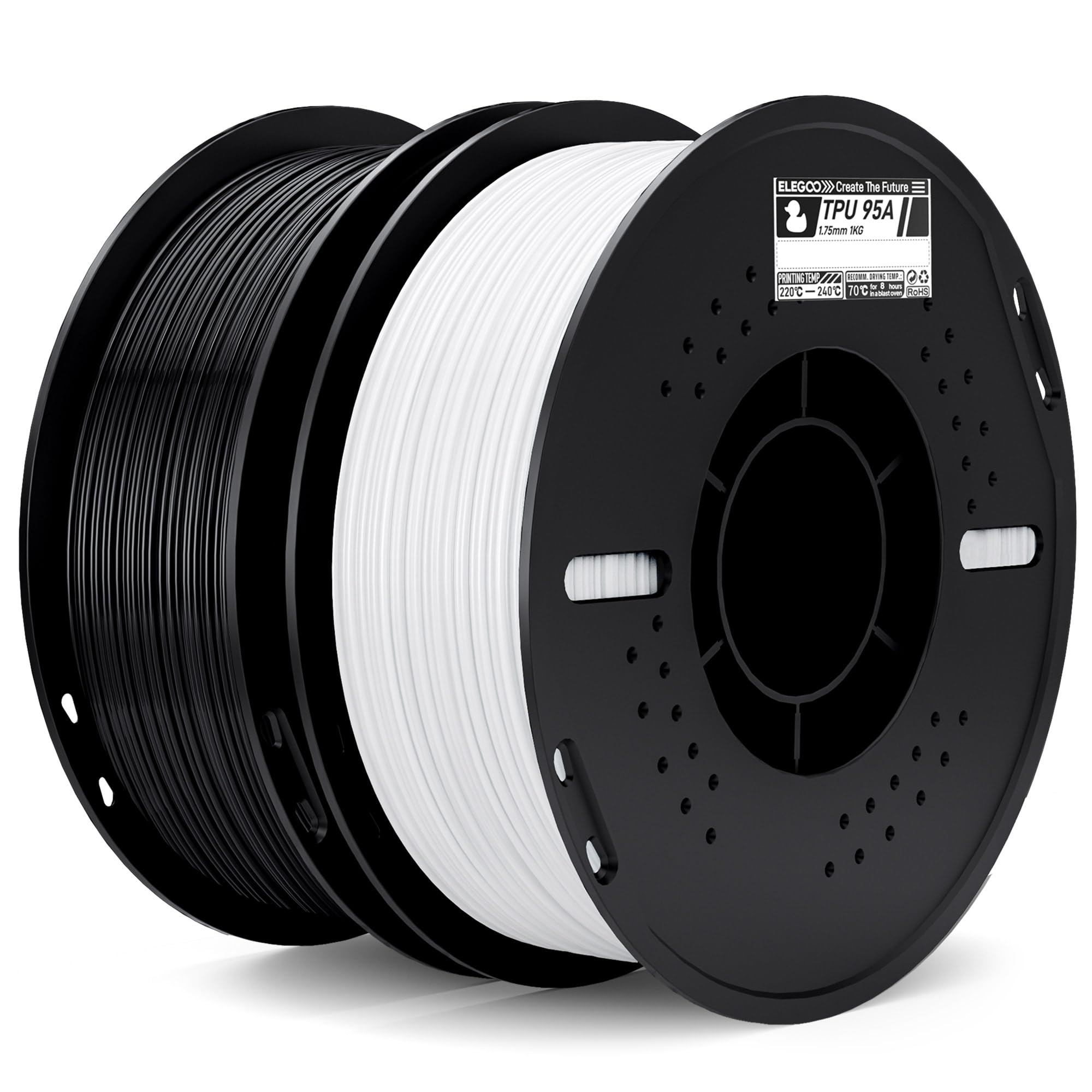 ELEGOO TPU 95A Filamento per Stampanti 3D 1,75 mm Nero Bianco 2KG, TPU Filamento Flessibile Morbido per Stampa 3D, Bobina da 1kg Compatibile con la Maggior Parte delle Stampanti 3D FDM