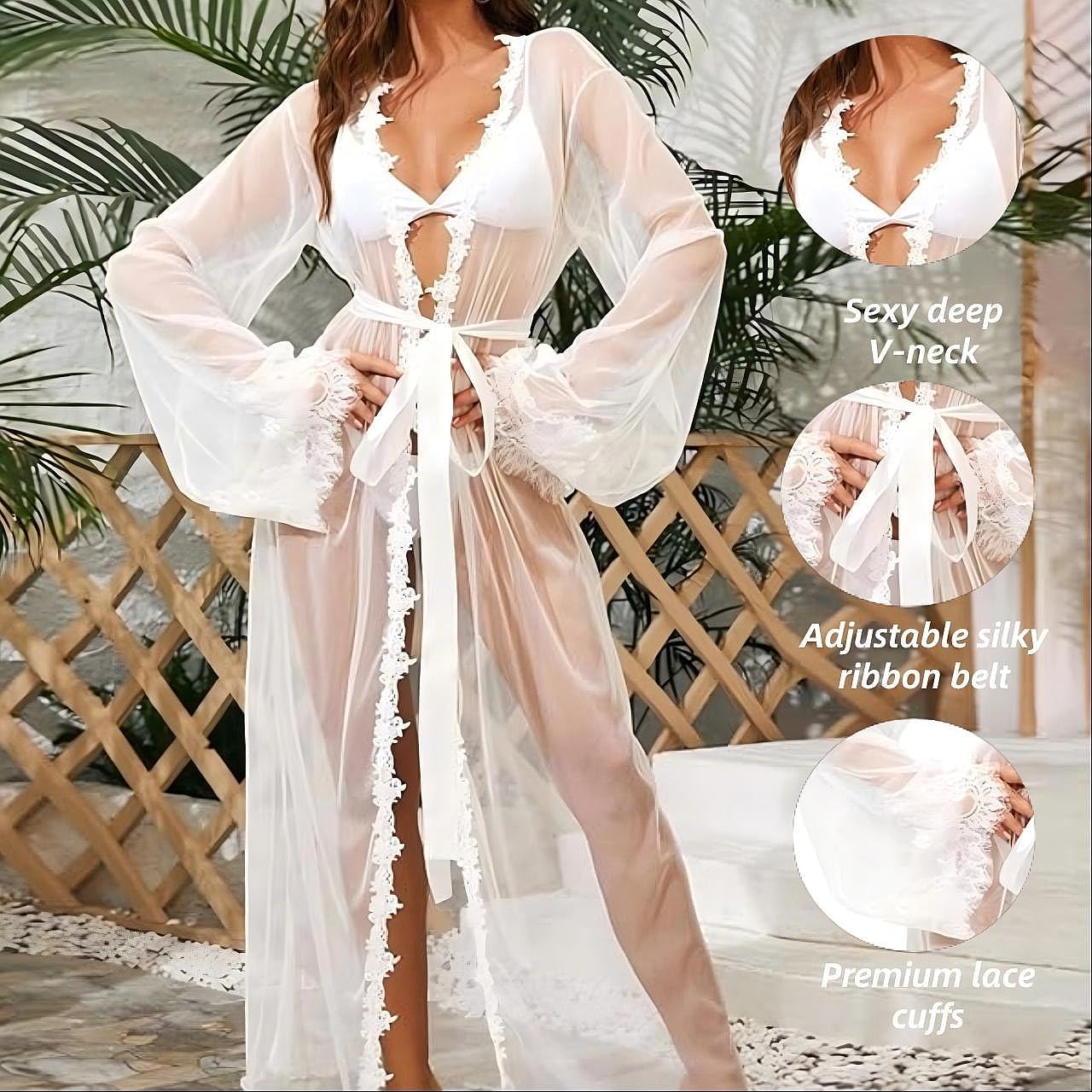BIGFOX Women’s Sexy Lace Robe Sheer Nightgown Maxi Kimono Chemise Sleepwear Beach Cover ups Bridal Shower Dress Loungewear - Image 4