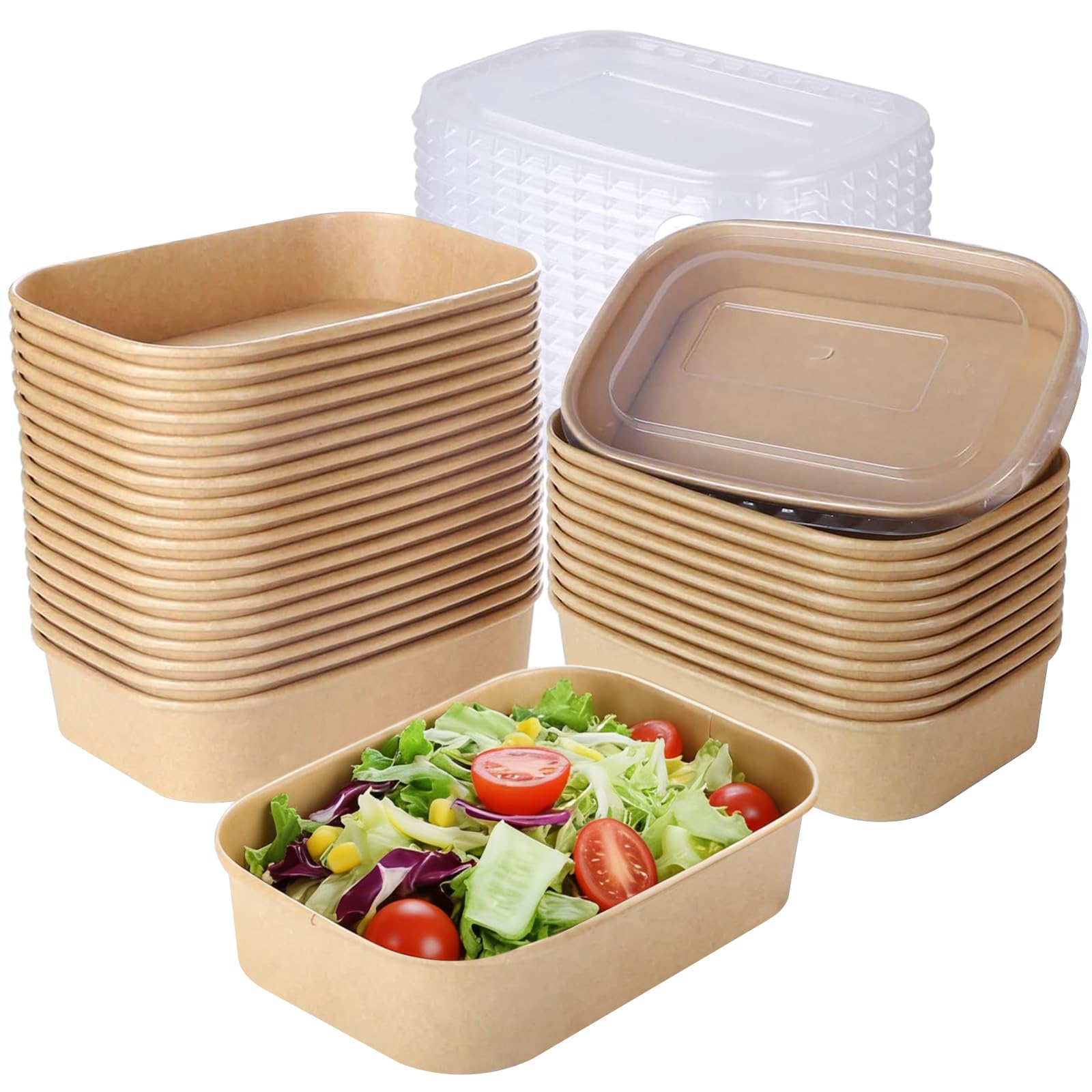 FYSUIMU 100 cuencos desechables de papel kraft de 17 onzas con tapas, recipientes rectangulares para alimentos, ensaladas para el hogar, restaurante, camping, bebidas frías y calientes