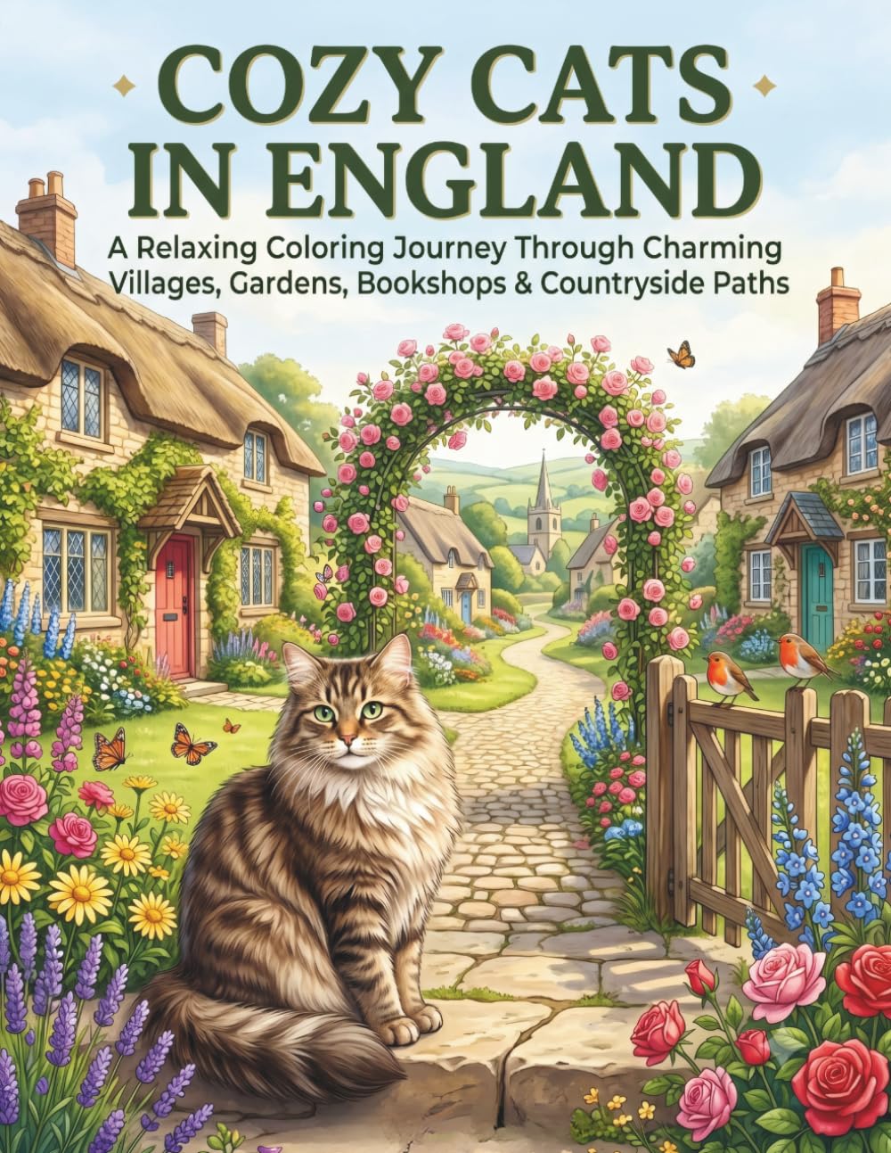 Cozy Cats in England: A Cat Coloring Book for Adults Featuring Charming Villages, Gardens, Bookshops & Countryside Paths (Whiskers Coloring Series)