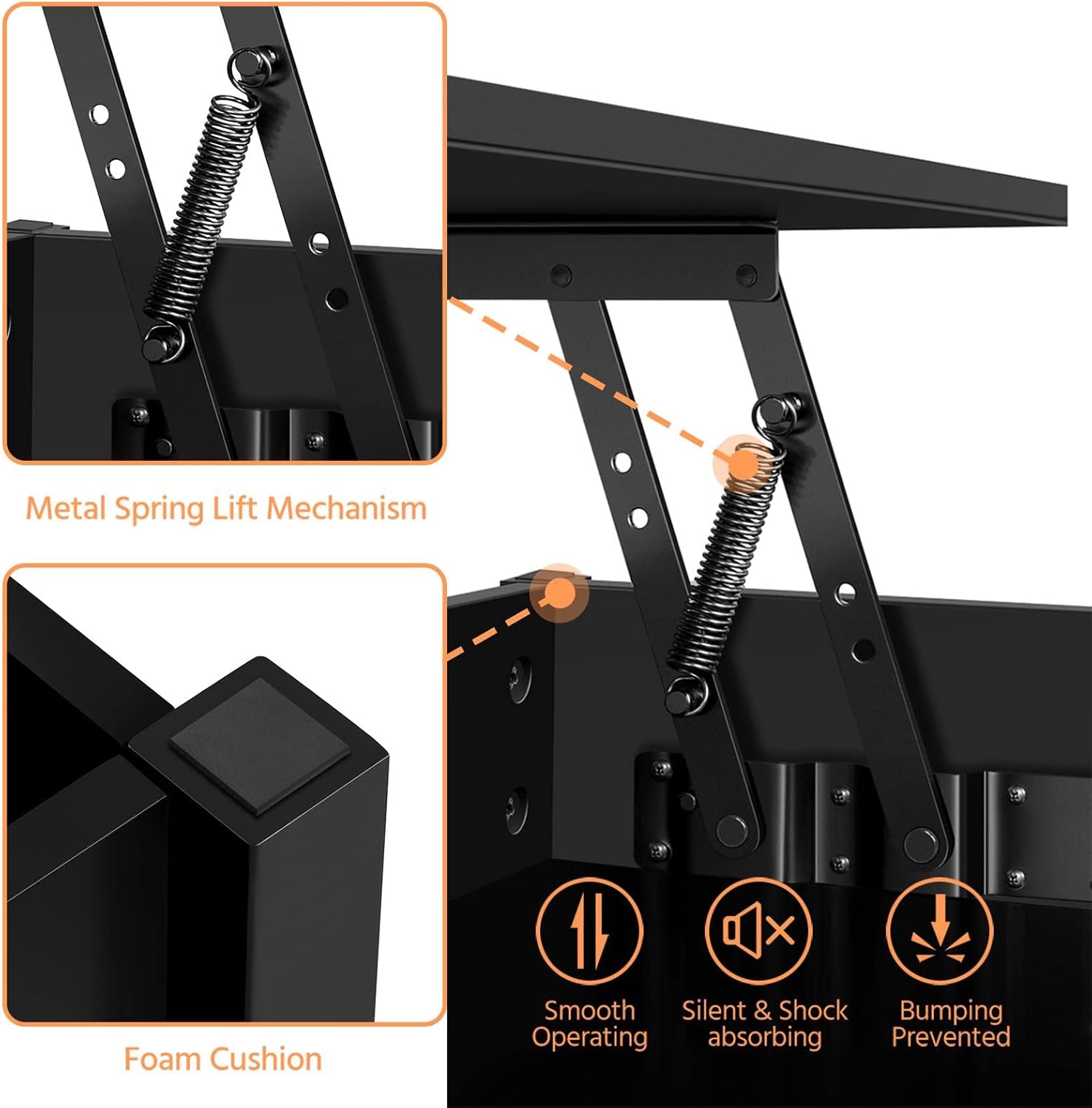 Close-up of the metal spring lift mechanism and foam cushion for smooth operation.