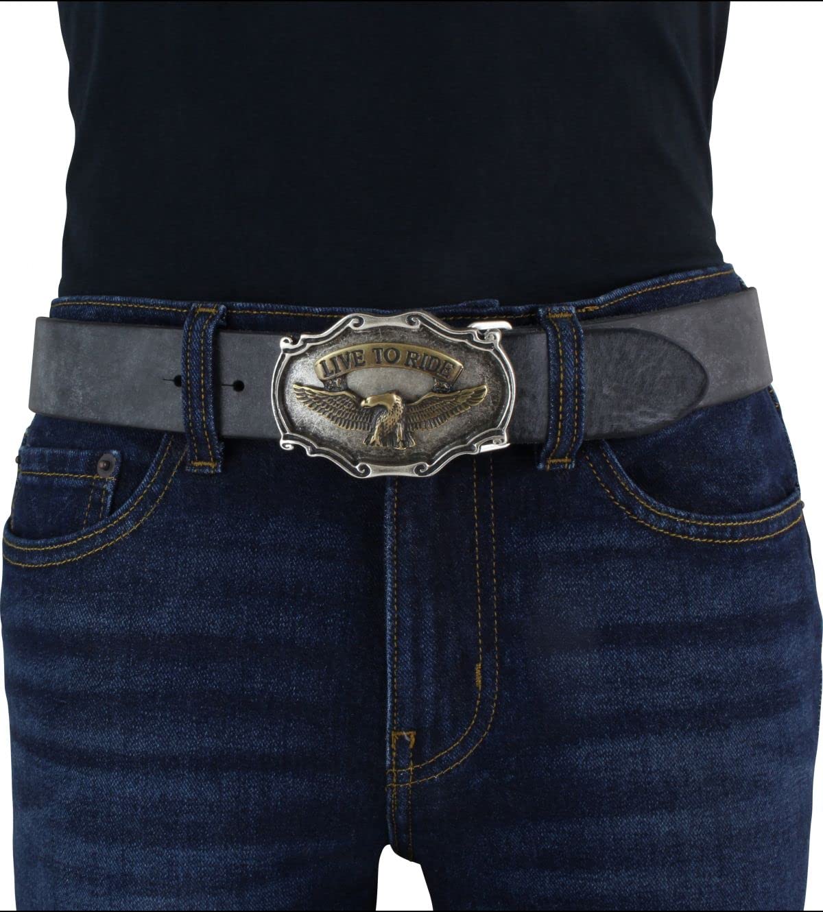 Gürtel mit Adler-Gürtelschnalle aus weichem Vollrindleder 4 cm Used-Look | Druckknopf-Gürtel für Motorrad-Fahrer 40mm | Vintage-Look