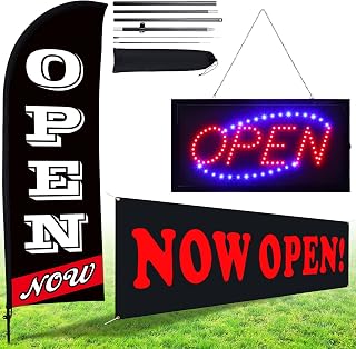 Buryeah Open Signs Set, 1 Pack Flag with Pole Kit, 1 Pack Banner with Rope, 1 Electric LED Open Sign for Business Advertising(Black)