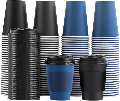 SIUQ Paquete de 100 tazas de café de 12 onzas con tapas, tazas de café de papel desechables con fundas para bebidas calientes/frías, fiestas,