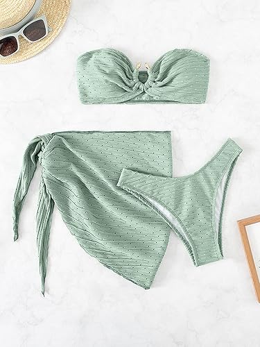 Miniatura 4 de WDIRARA Traje de baño de 3 piezas para mujer, bikini bandeau recortado con falda de playa con lazo lateral