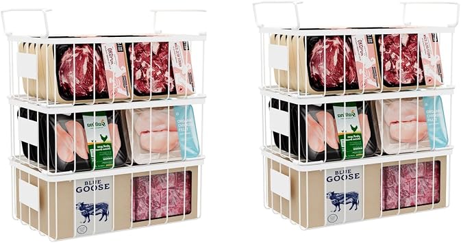 Freezer Organizer Bins With Tag, Stackable Freezer Baskets for Chest Freezer Sort Frozen Foods, Deep Freezer Organizer Bins with Handle Add Space Easy Reach, White Set of 6