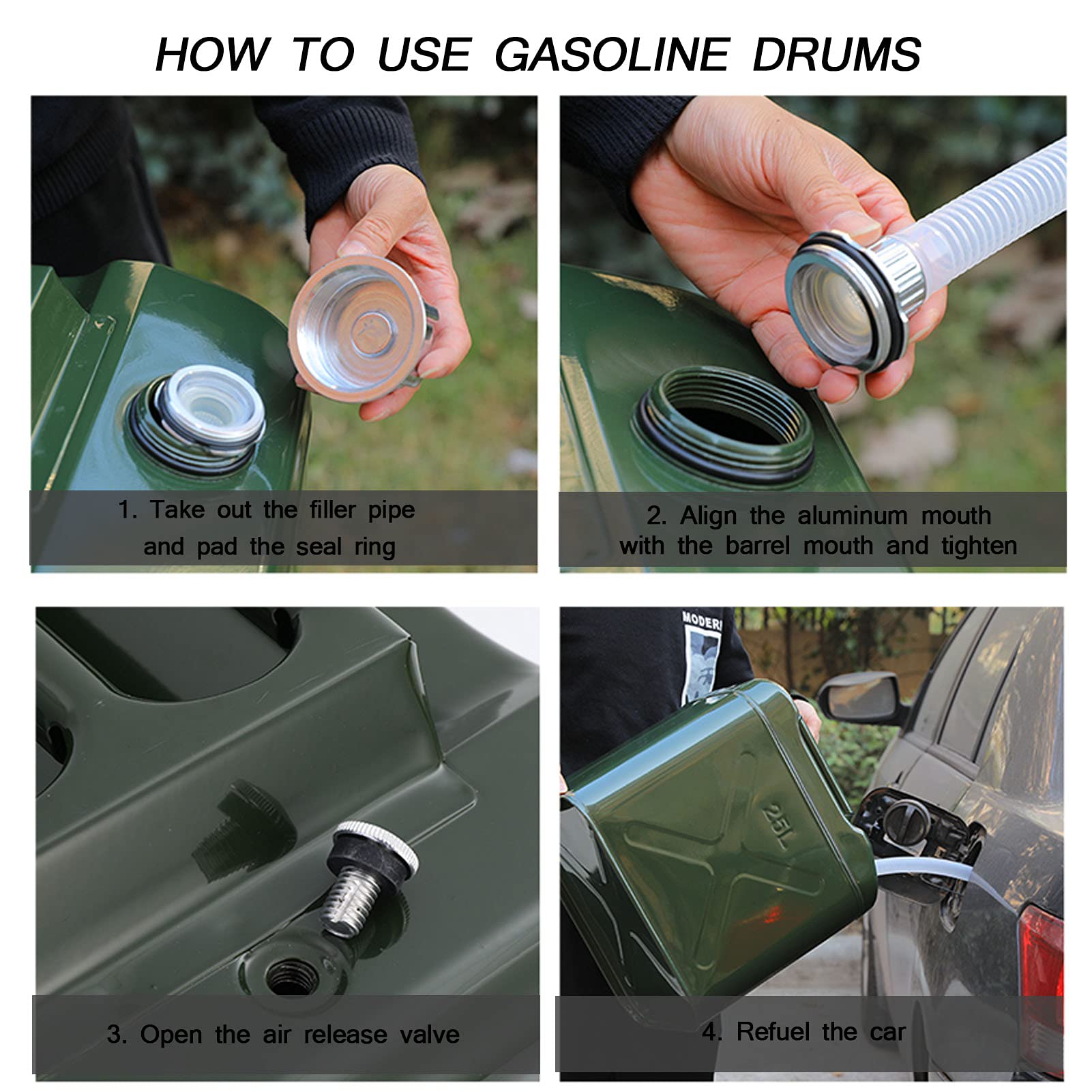 Recipientes para Gasolina Tanque de Metal, Stardard Can Home Backup Tank con caño Flexible, Petrol Diesel de Emergencia para Estación, Ejército Green (25L, 30L, 40L)