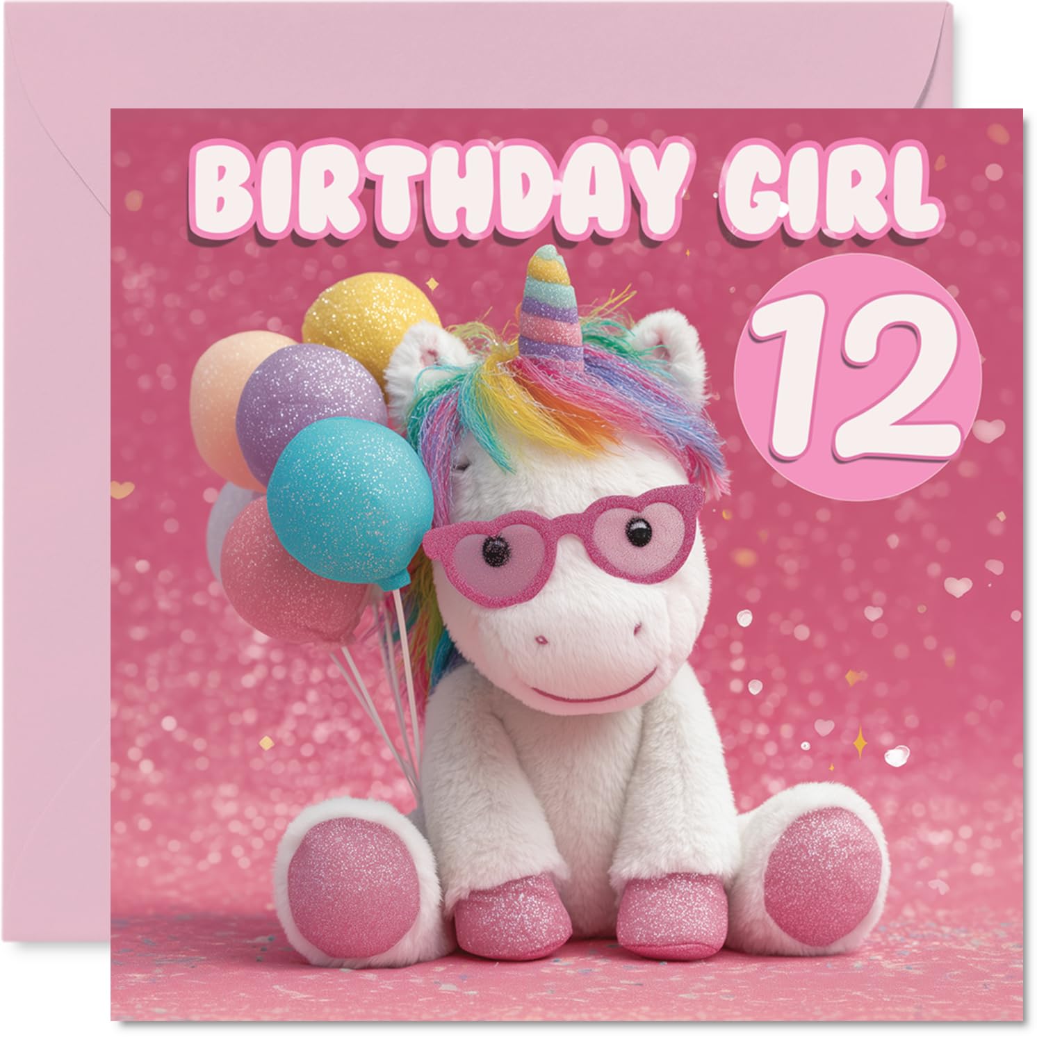 Cute 12th Birthday Card - Sparkling Unicorn Joy - Pink Pastel Card with Balloons and Plush Unicorn - Whimsical Magic for Her Special Day - 145mm Square, Envelope Included
