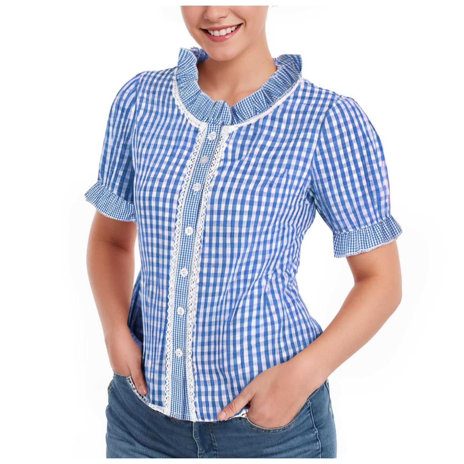 Generisch 2026 Damen Oktoberfest Trachtenbluse Rot Weiß Kariert Volksfest Karneval Karo Knöpfe Top für Zeltfest Mode