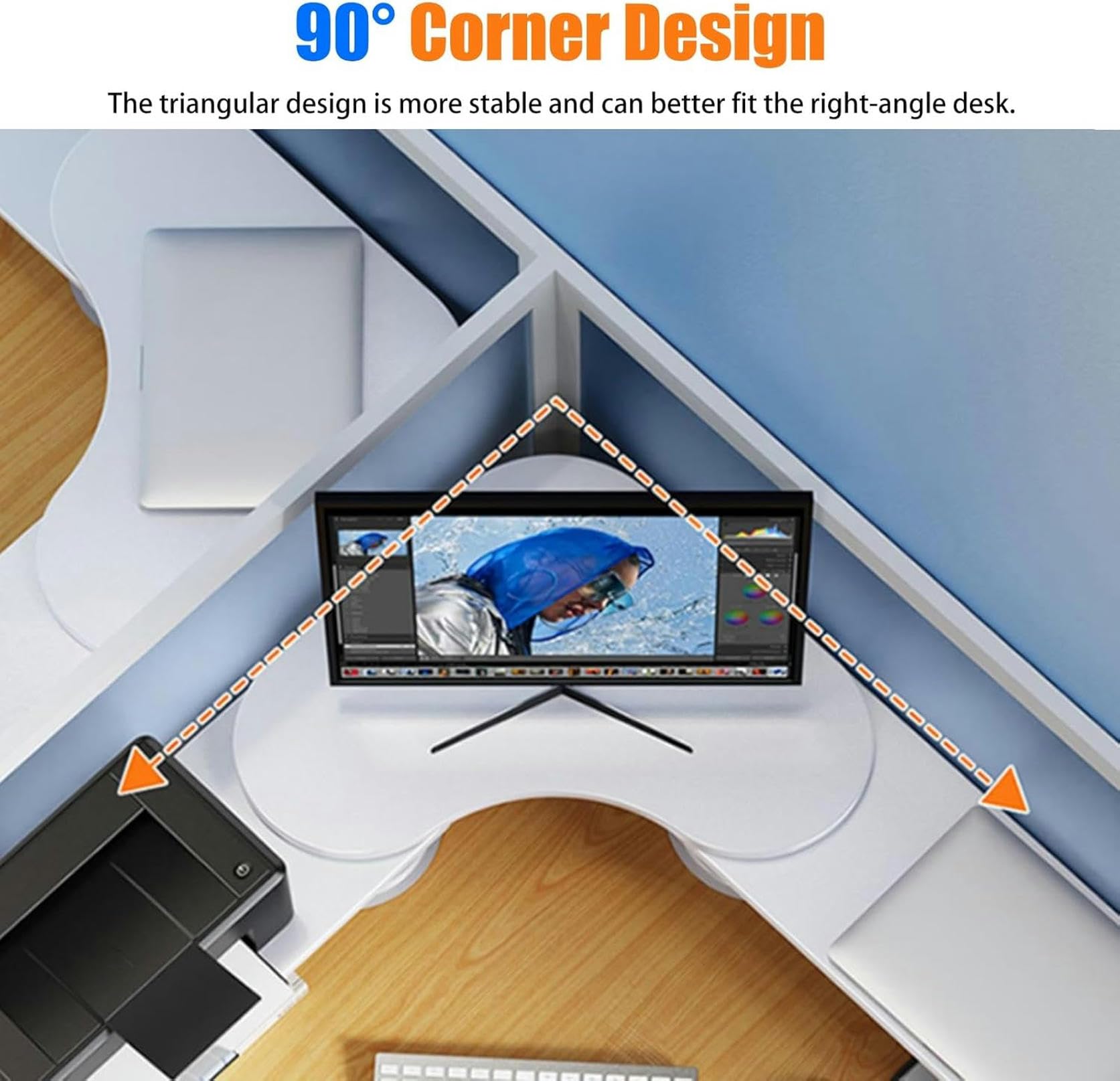 Supporto per Monitor angolare per 3 schermi, Supporto per Monitor angolare per Computer, Organizer da scrivania Regolabile, Rotazione di 270°, Supporto angolare in Metallo per Laptop.
