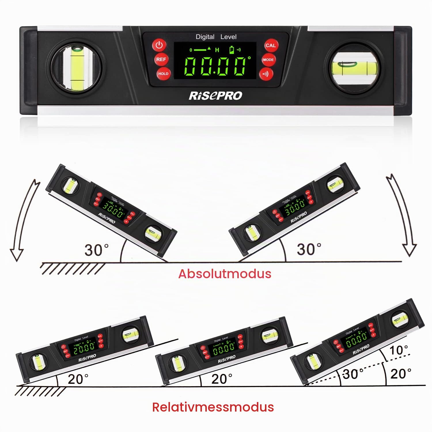 Digitale magnetische Wasserwaage und Winkelmesser – RISEPRO 10 Zoll IP54-geschützter elektronischer Blasen-Neigungsmesser, Winkelsucher, Messgerät mit großem VA-Display und Sockel mit V-Nut DL135-B