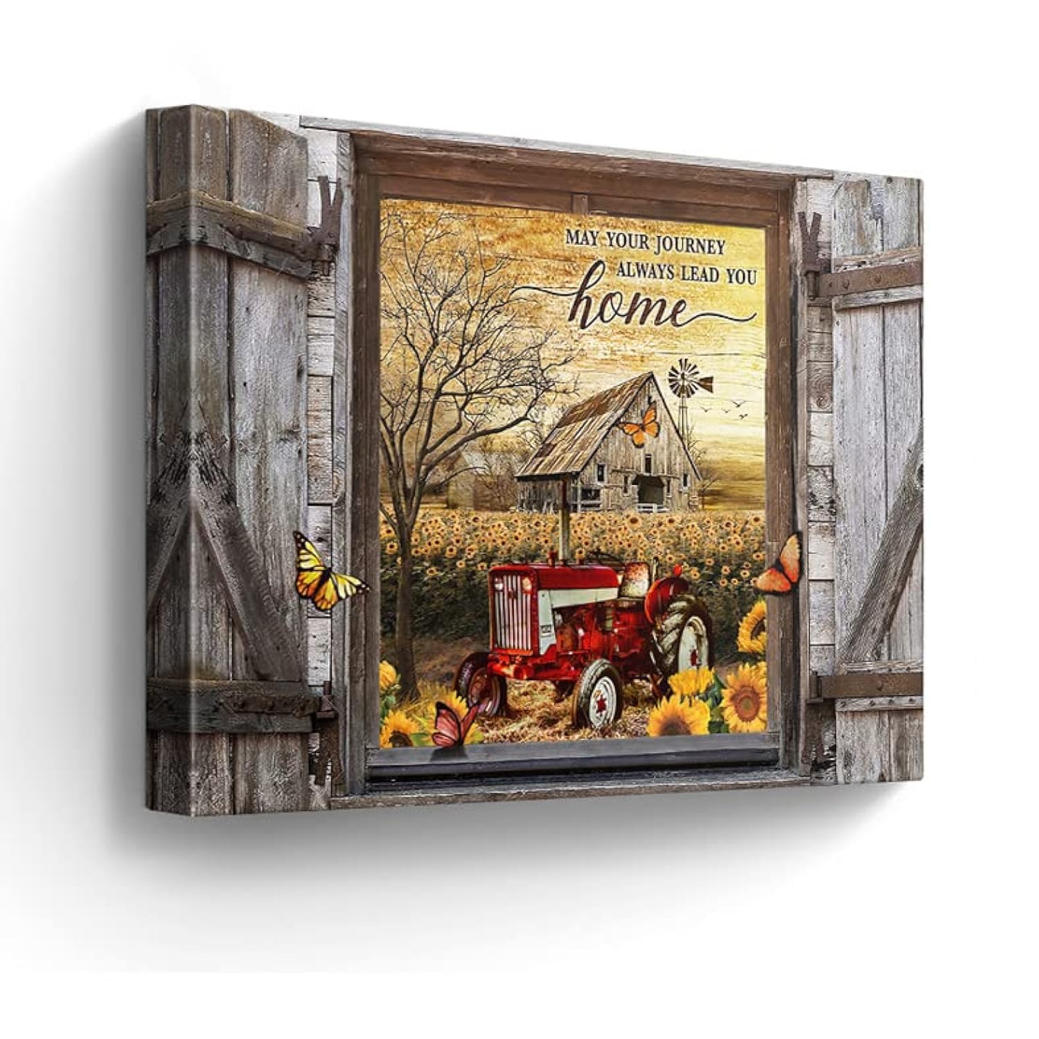 Farmhouse Canvas Wall Art Red Old Tractor Picture Kitchen Wall Decor Rustic Sunflowers Country Painting for Bedroom Bathroom Living Room Prints Artwork Framed 12"x16"