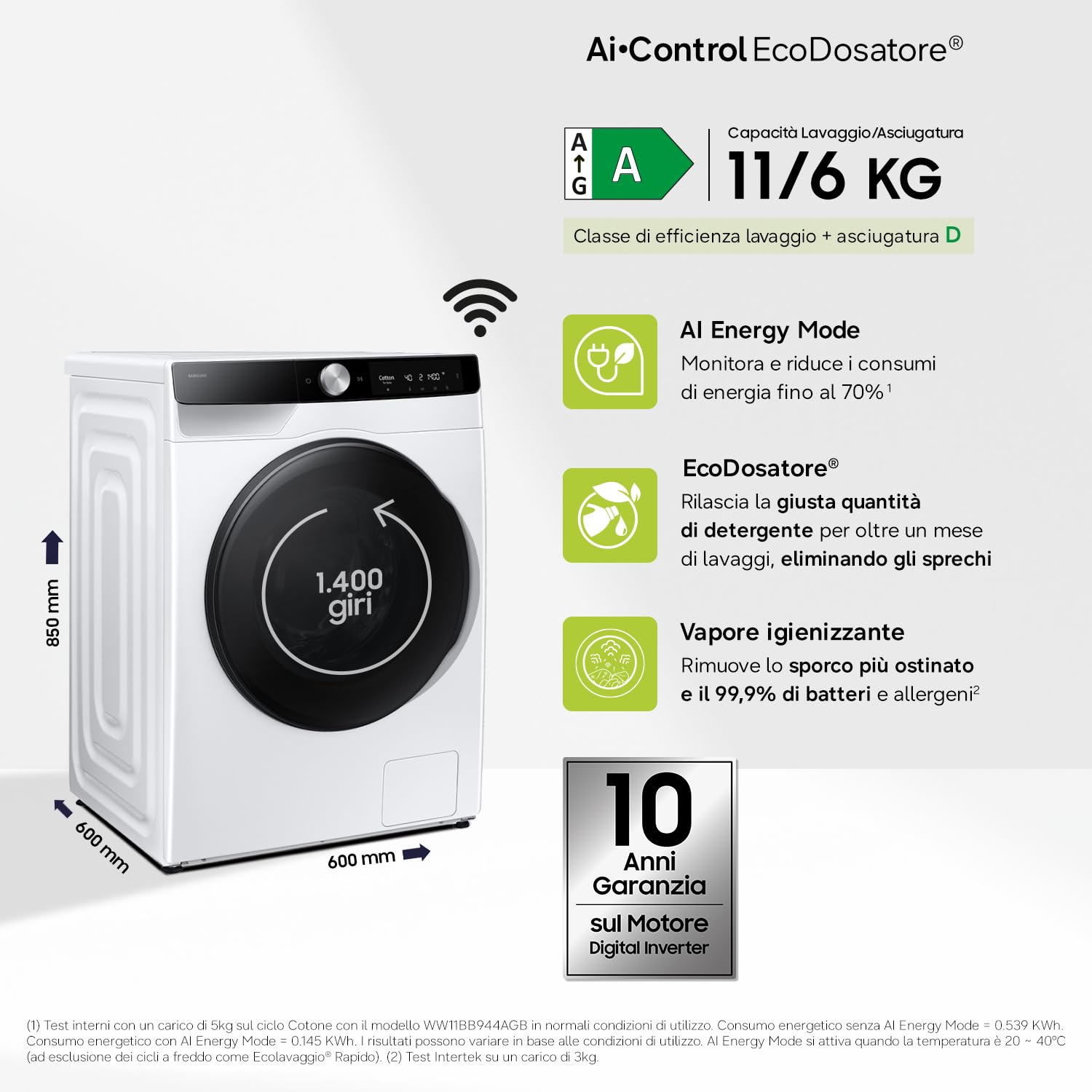 Samsung Lavasciuga AI Control WD11DG6B85BKU3, 11+6 kg, Ecodosatore, Vapore Igienizzante, Super Speed, Carica Frontale, 60L x 85H x 60P cm