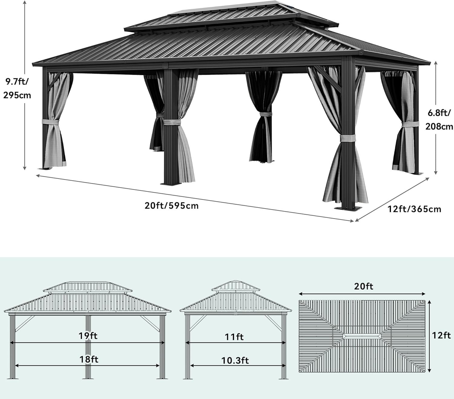 YITAHOME 12x20ft Hardtop Gazebo, Heavy Duty Double Roof Galvanized Steel Outdoor with Nettings and Curtains Combined of Vertical Stripes Roof for Patio, Backyard, Deck, Lawns, Gray