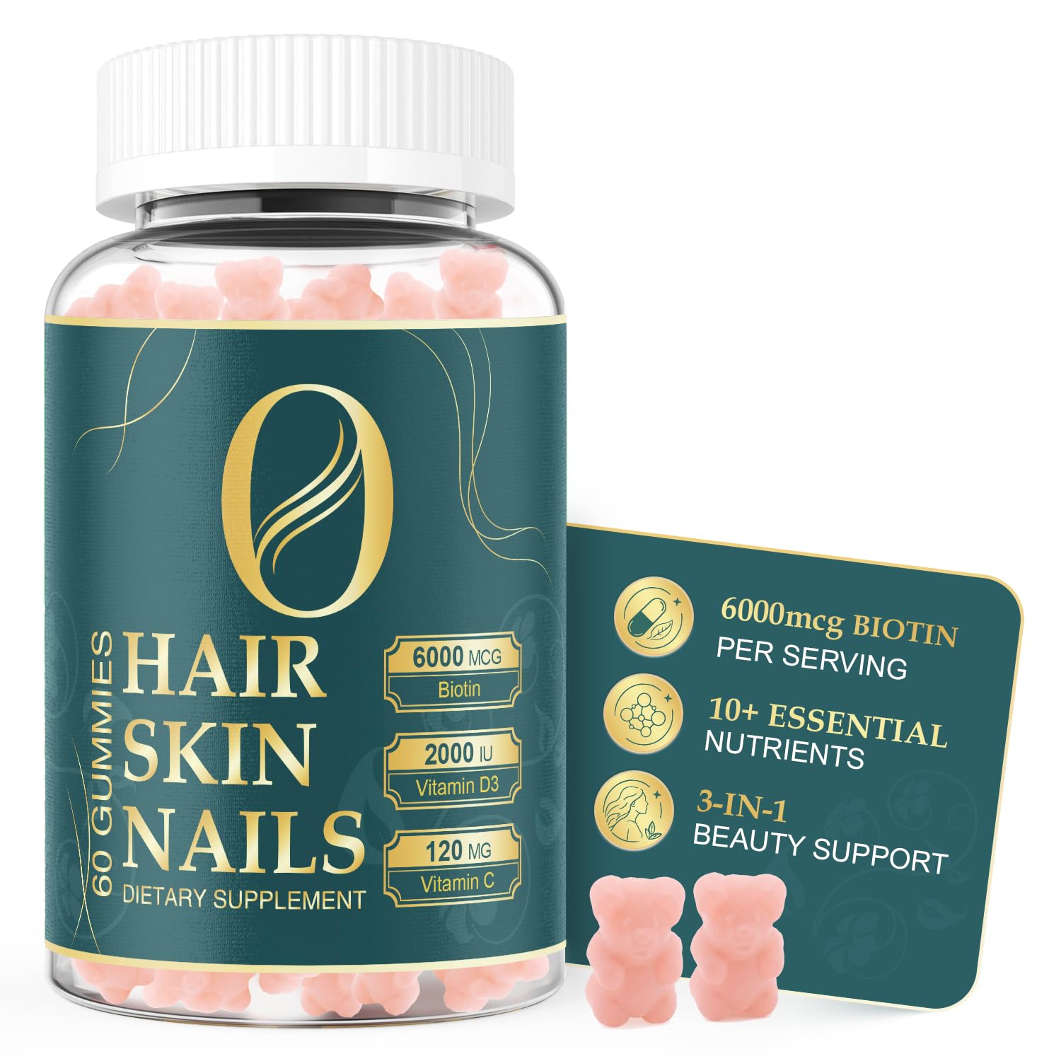 Hair Skin and Nails Gummies with 6000mcg Biotin for Women & Men, 60 Count