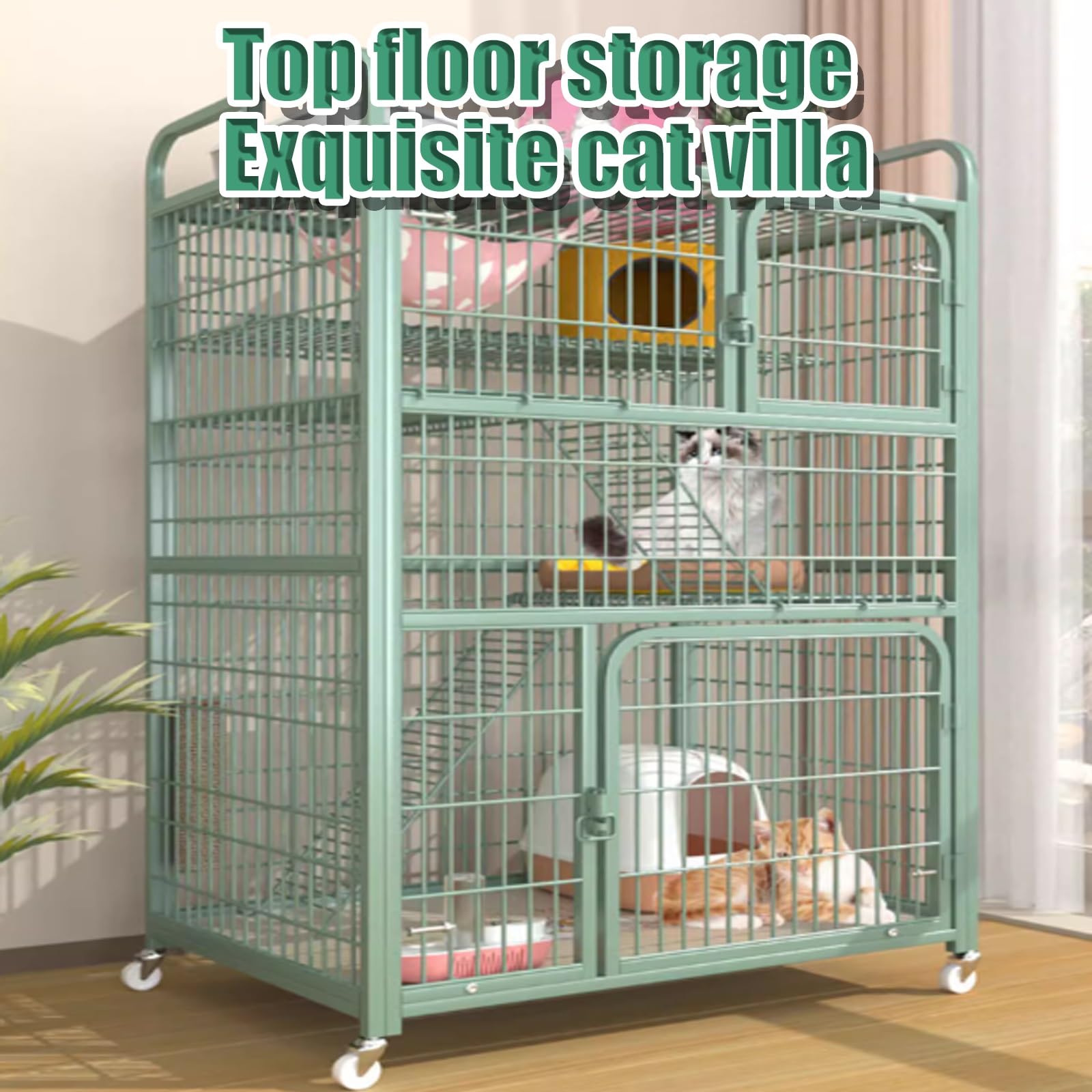 Gabbia per gatti da interno con ruote girevoli, doppia porta e vassoio estraibile per gattini, design multilivello per un facile accesso e pulizia