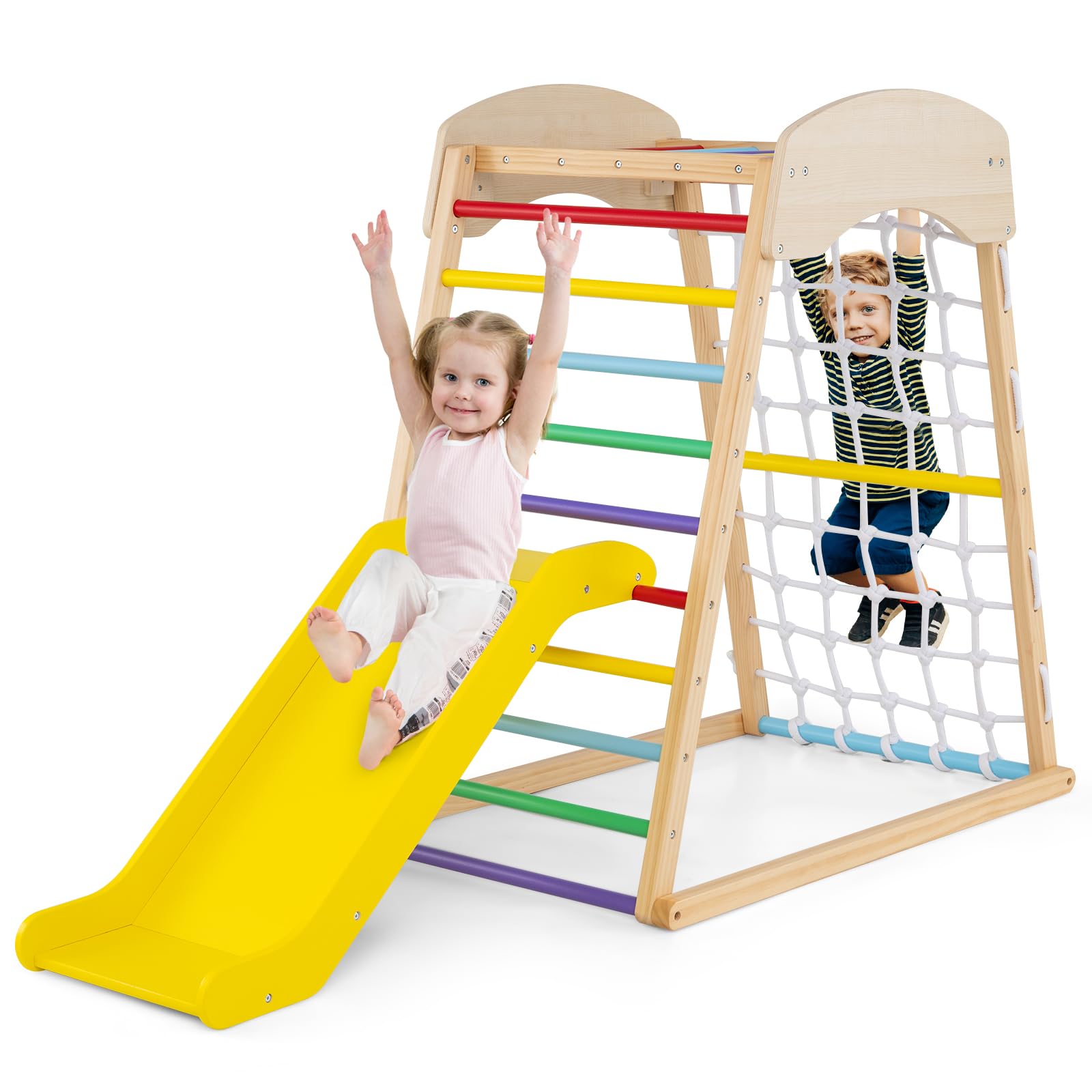 COSTWAY 4 en 1 Triangle d'escalade Montessori en Bois Enfants avec Toboggan, Aire de Jeu d’Escalade Intérieur avec Filet & Échelle d'escalade Montessori, Charge 50kg pour Bébé de 1 an+