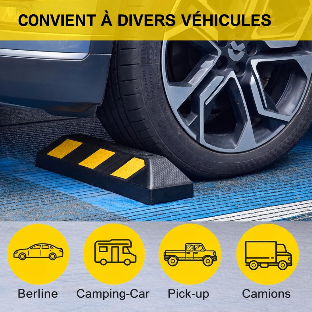 Curb en Caoutchouc, Bouchons de Stationnement Robustes Noirs avec Bandes Réfléchissantes Jaunes pour Arrêt de Roue, Marquage de Stationnement, Arrêt de Garage