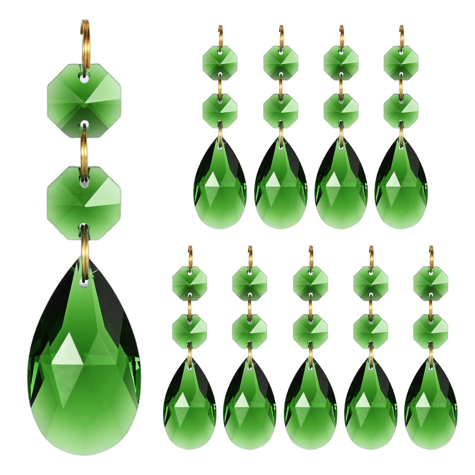M METERXITY 10PCS Crystal Suncatcher 2 Teardrop Prisms Pendants Ornament, 38mm Chandelier Hanging Crystal Sun Catcher Beads for Home Garden Windows Wedding DIY Decoration [Medium Green]