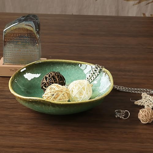 Miniatura 3 de VOMANA Cuenco decorativo de cerámica con esmalte verde, cuenco pequeño para dulces de 8 pulgadas, plato para llaves para mesa de entrada, acento de