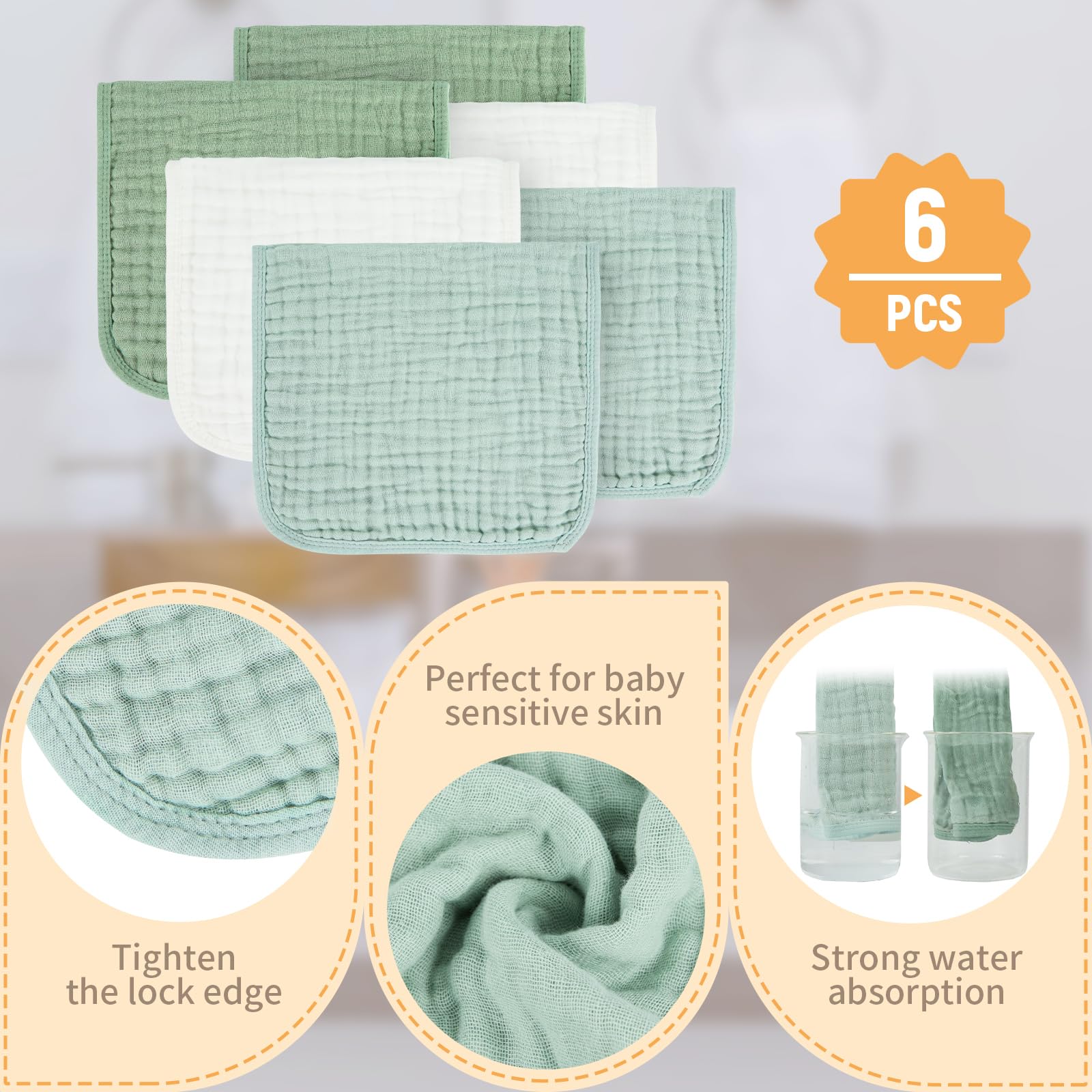 MIGIOL Baby Burp Cloth - Paño de muselina de algodón 100 % algodón para recién nacido, 10 x 20 pulgadas (blanco y verde, 6 piezas)