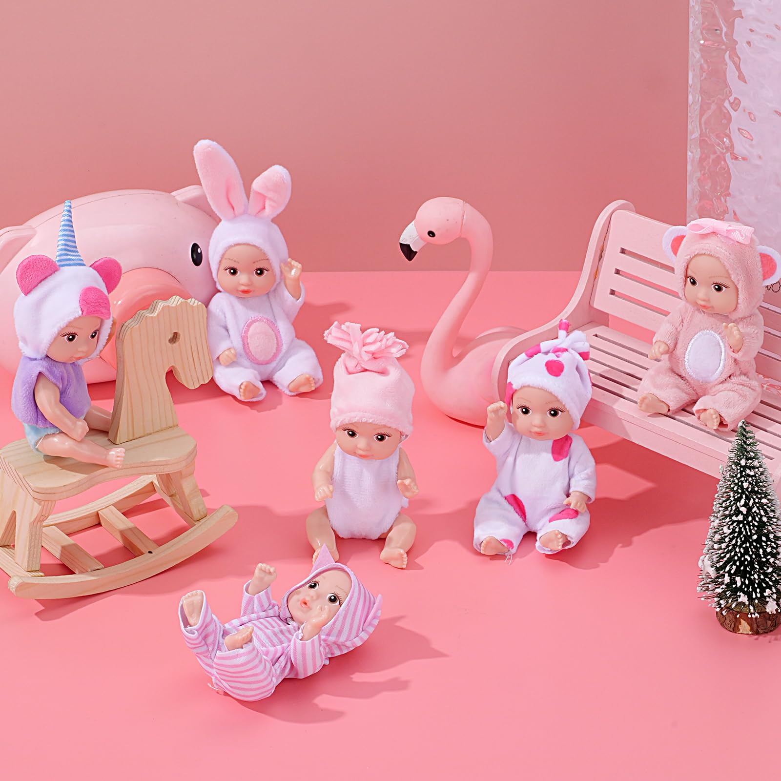 Juego de 6 muñecas realistas de ojos abiertos de 4 pulgadas, mini muñecas Reborn con ropa rosa hecha a mano, Pascua de Navidad para niños a partir de 3 años 5