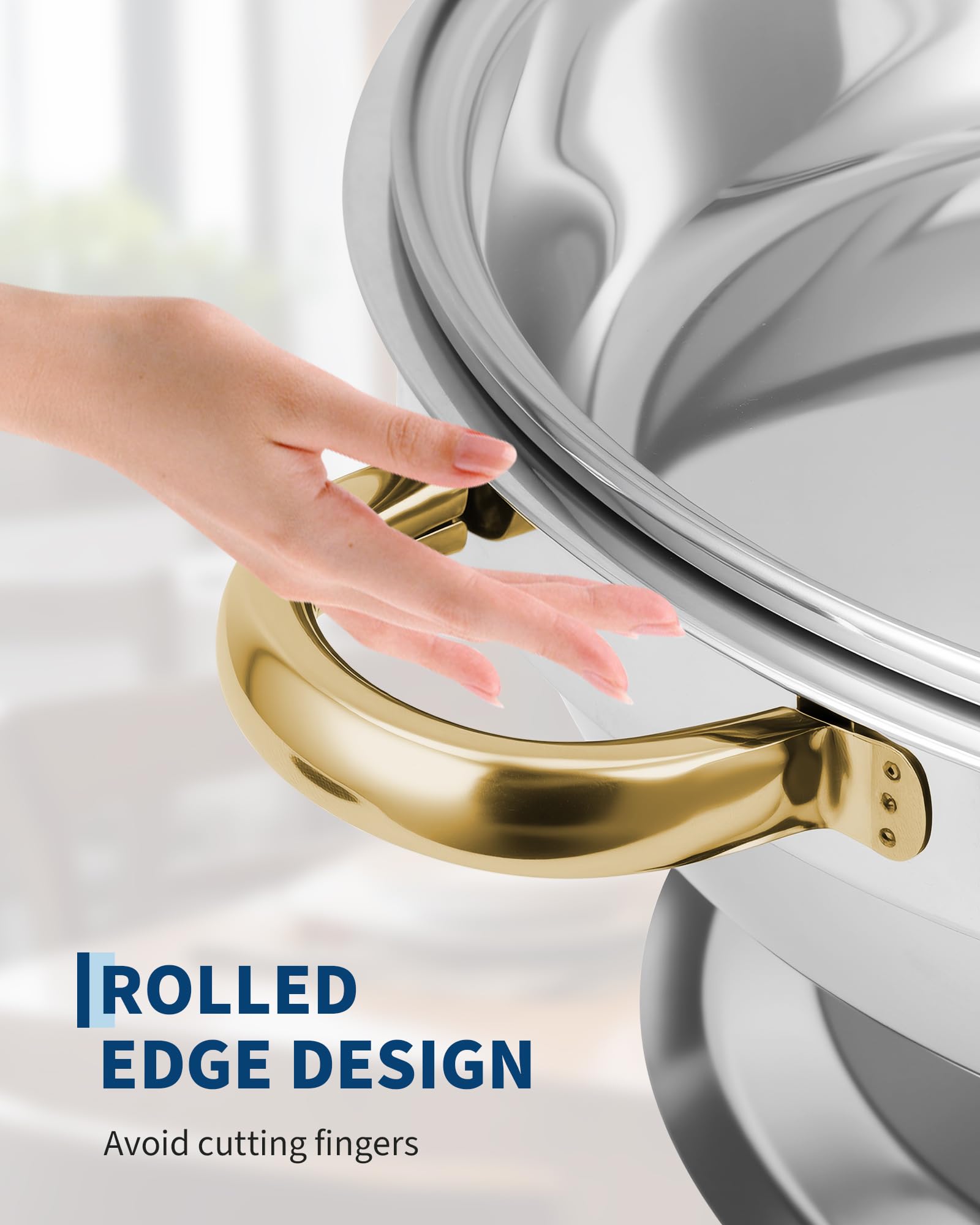 Set di 4 Chafing Dish Rotondi in Acciaio Inox 5/6QT - Coperchio in Vetro Visibile - Perfetti per Buffet, Catering, Feste - Bordo Dorato - Set Quattropezzi Pezzi Gold Edge