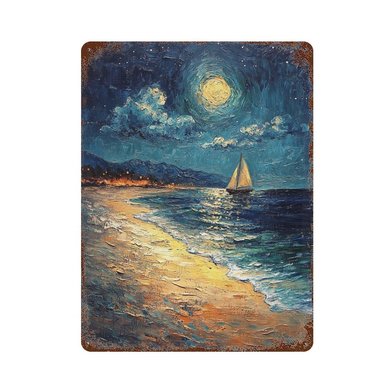 Night Sail Serenity Aged Metal Wall Plaque 15.7"x11.8", Rustic Home Decor for Garage, Pub Or Kitchen