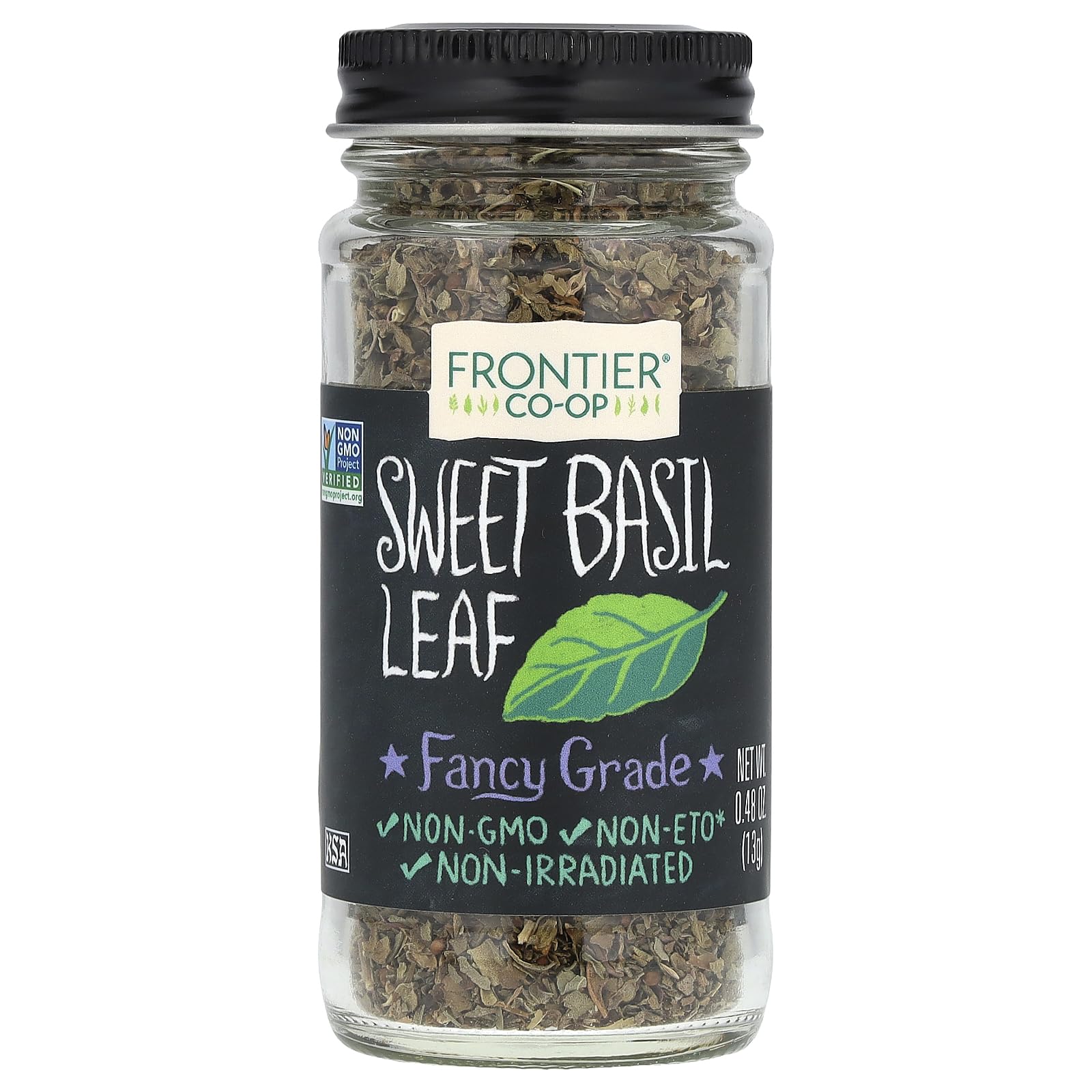 Frontier Sweet Basil Leaf, 0.48 Ounce Bottle, Cut & Sifted, Warm Mild Flavor is Great with Vegetables Dressings, Soup & More