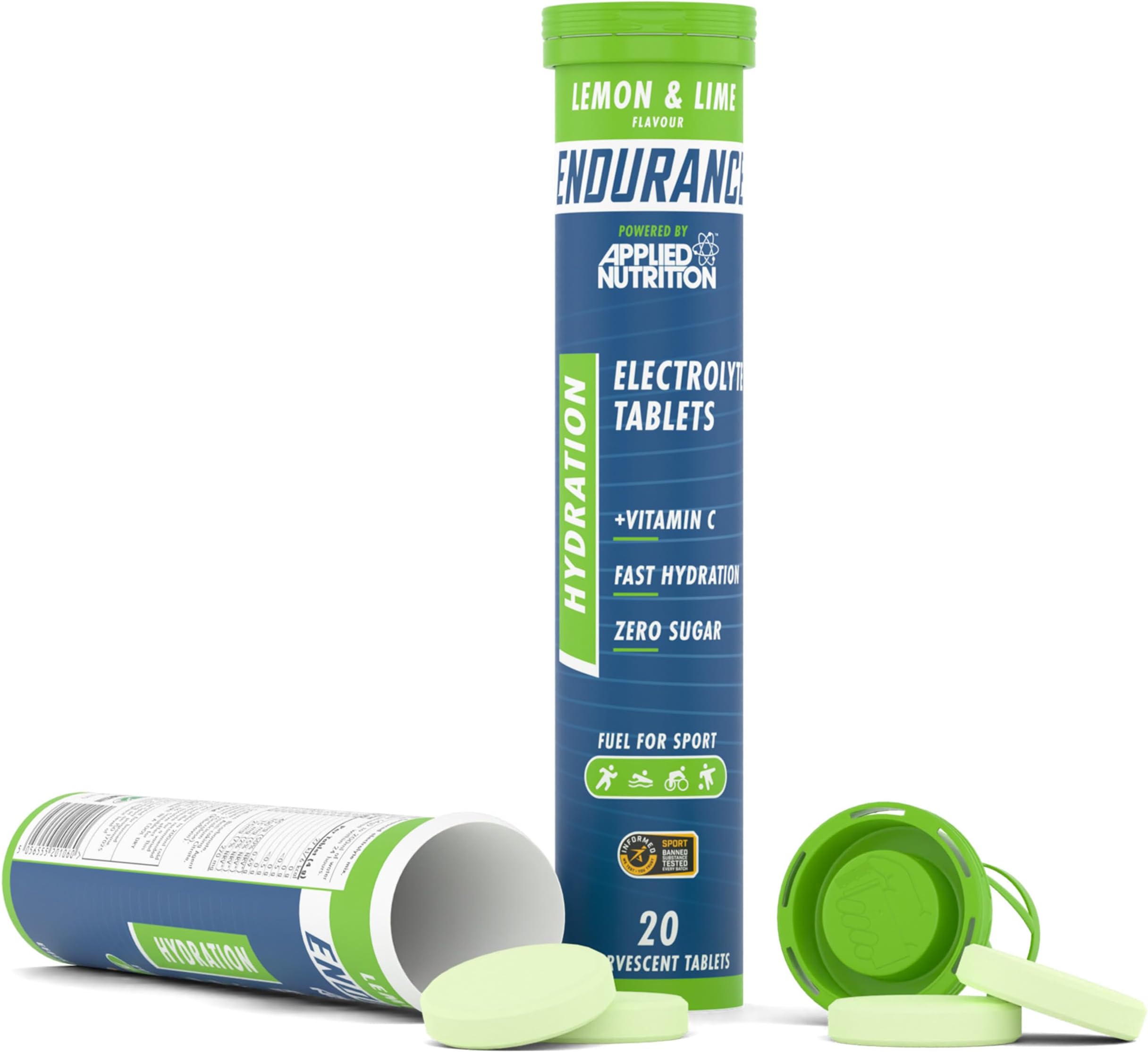 Applied Nutrition Endurance Hydration Electrolyte Tablets - 400mg Electrolytes per Serving – 20 Effervescent Tablets, Sugar Free, Low Calorie, Added Vitamin C Boost Performance – Lemon & Lime