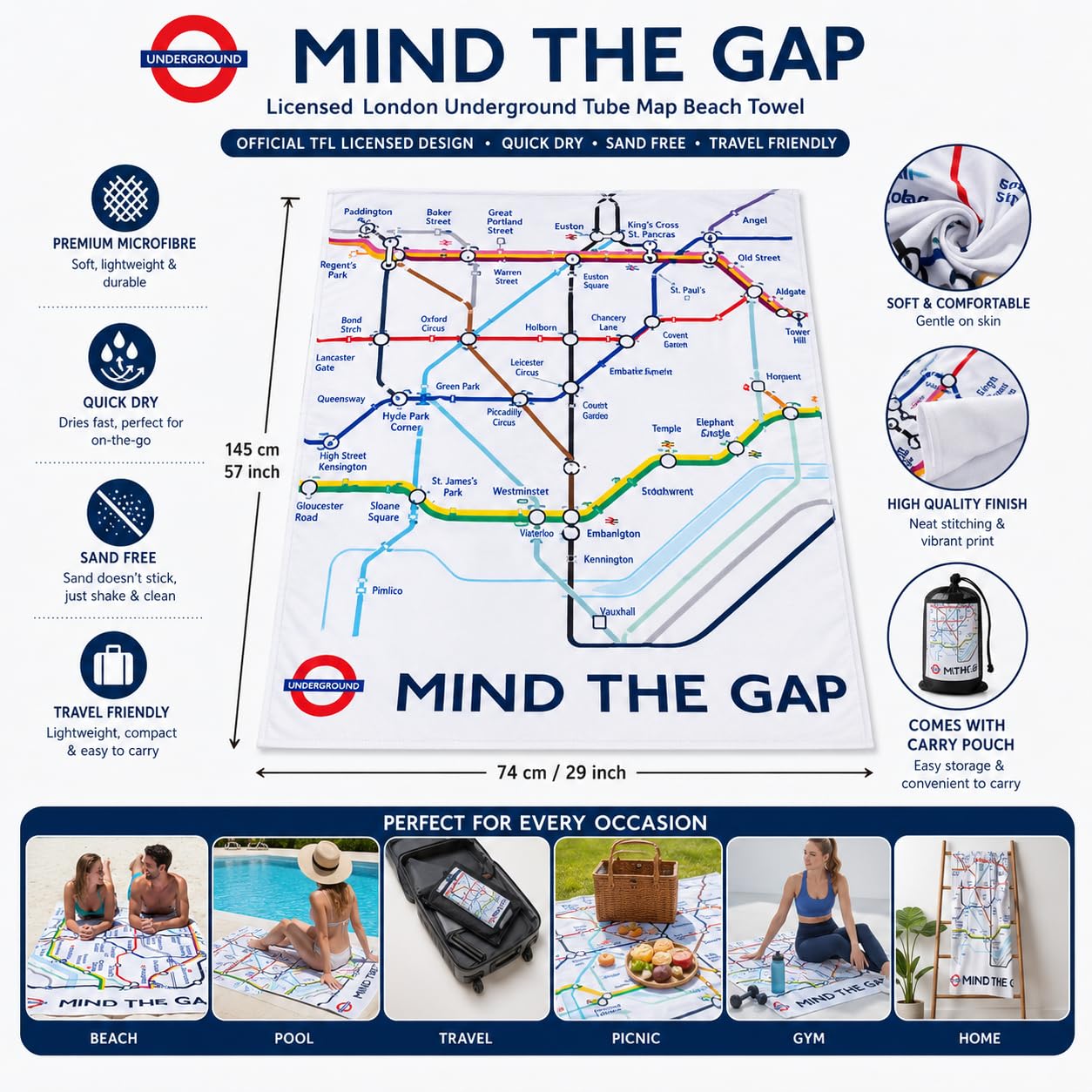 TFL8401 Serviette de plage sous licence du métro de Londres avec impression carte tube Grande taille 74 cm x 145 cm Séchage rapide Anti-sable Vacances Voyage Mer