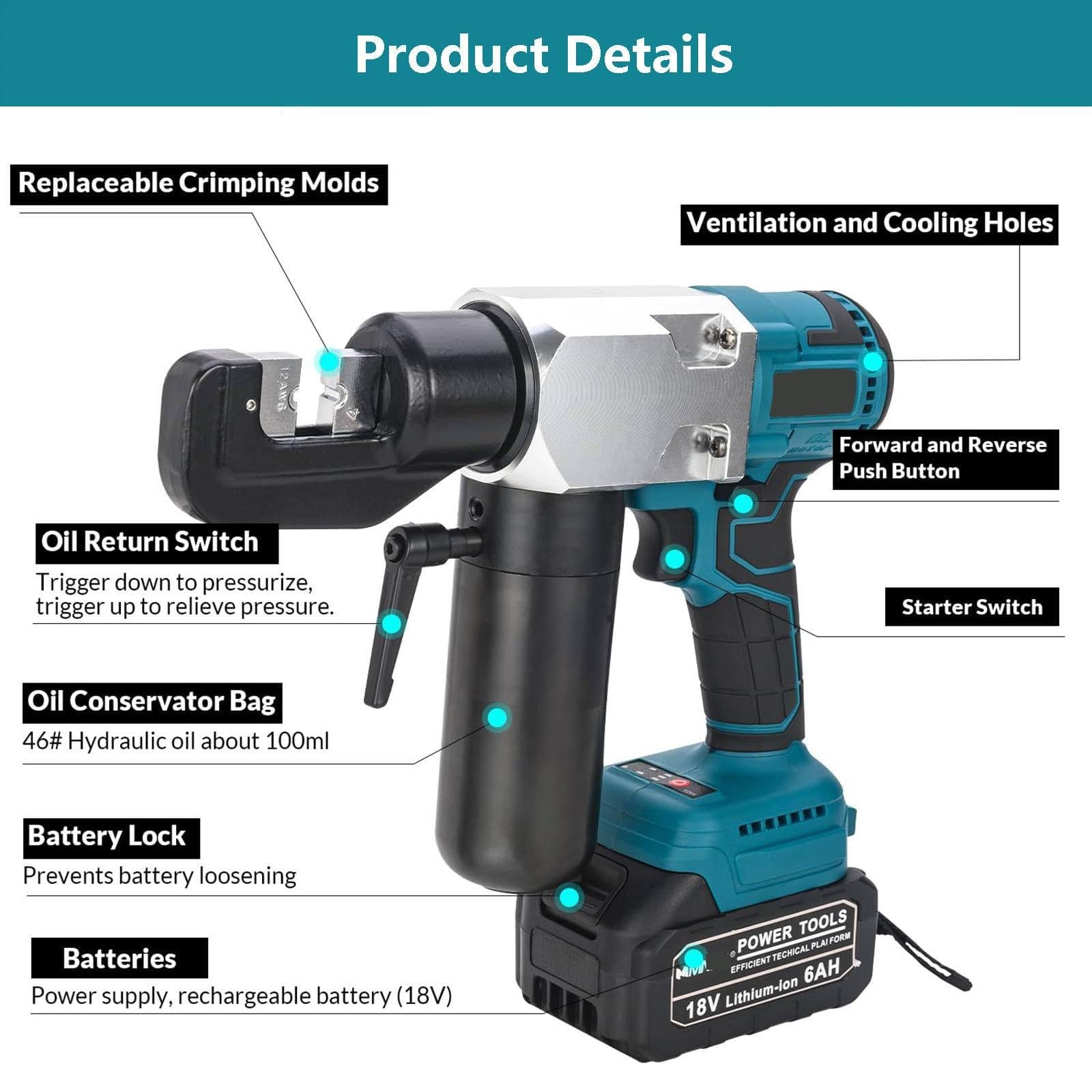 18V/6Ah Akumulator litowo-jonowy Akumulatorowe Szczypce Hydrauliczne, Hydrauliczne Narzędzia Do Zaciskania, Szczypce Do Kabli Zasilane Akumulatorem 10-400mm2 120KN, 280x75x260mm