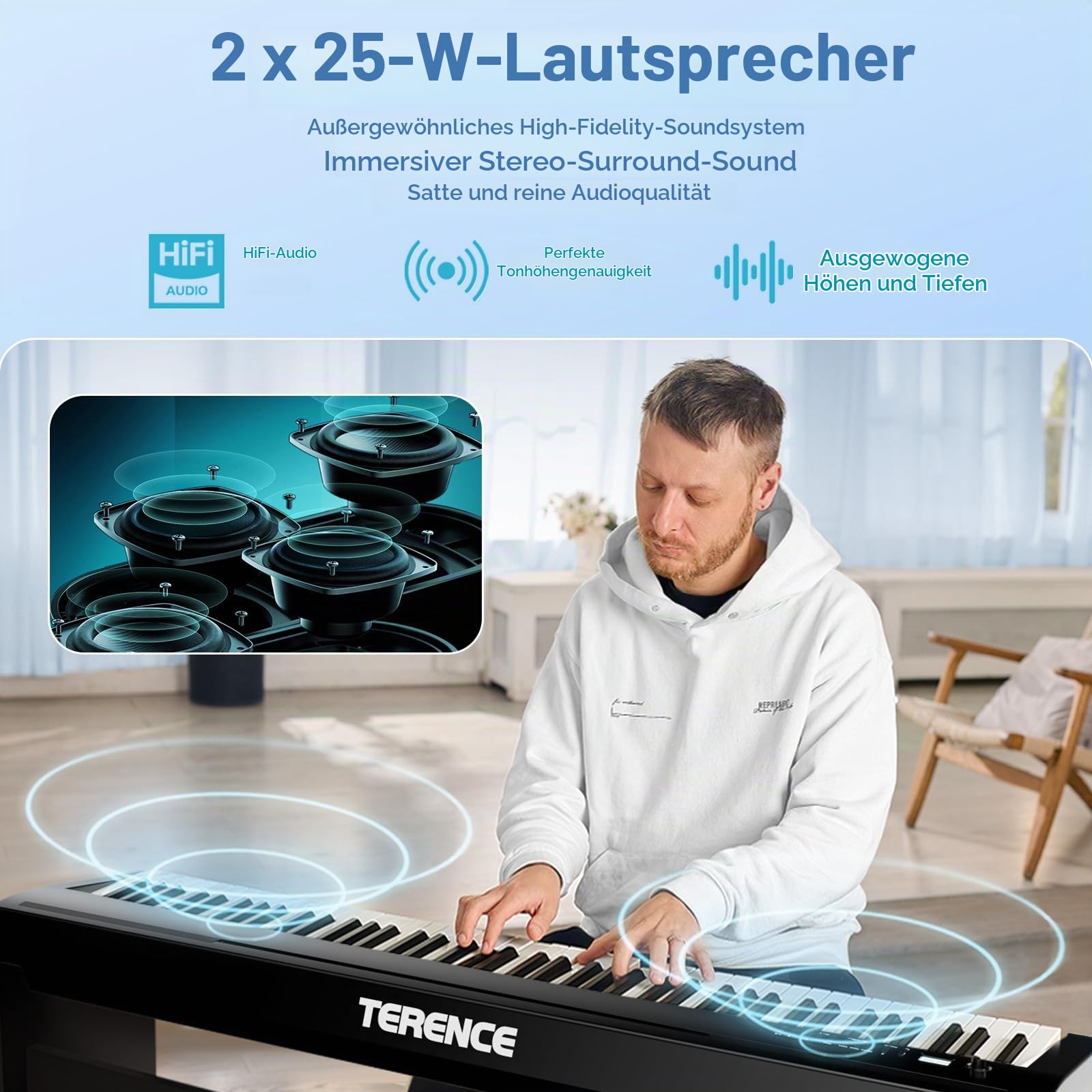 TERENCE P50 E-Piano 88 Tasten Hammermechanik 2x25W HiFi Lautsprecher MIDI
