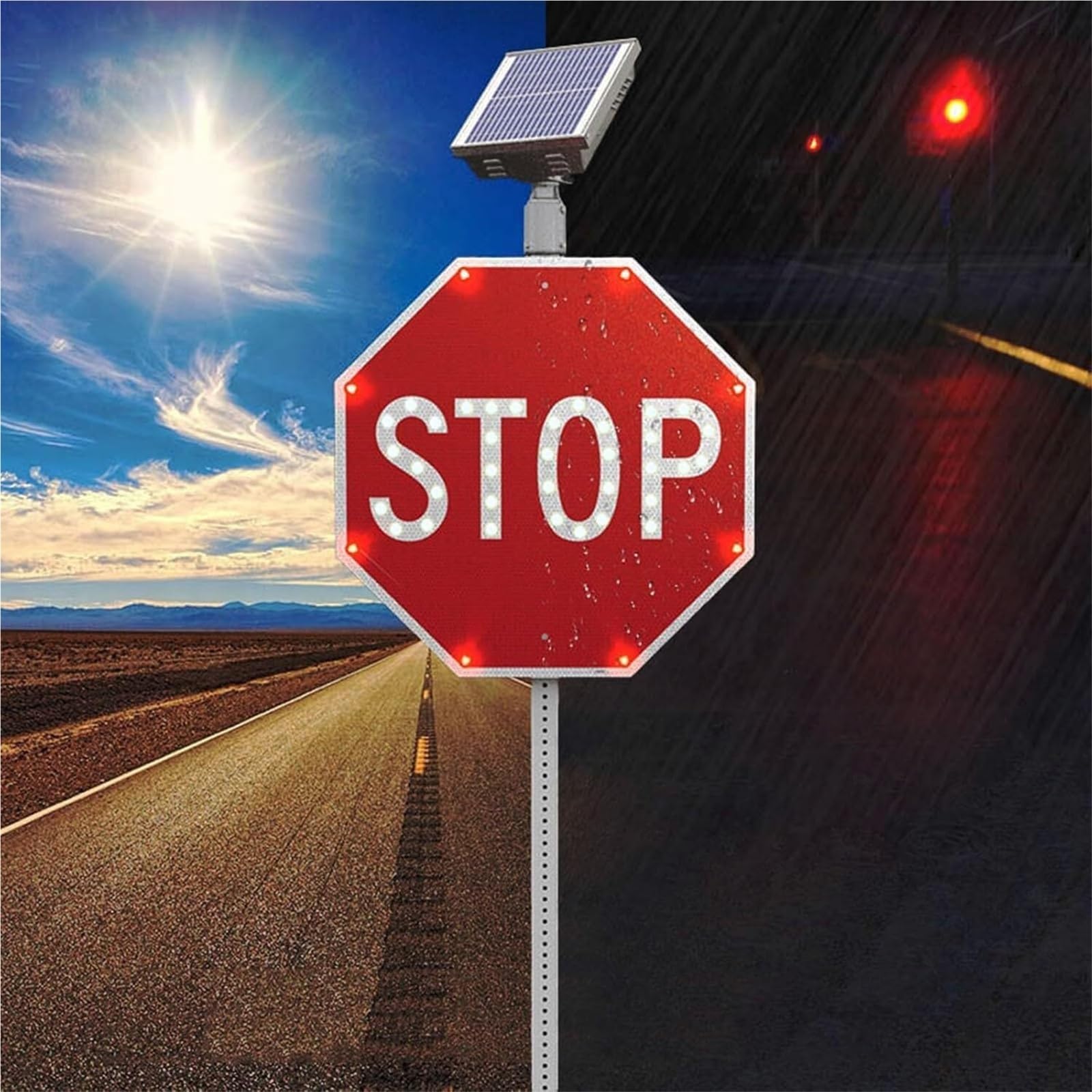 Señal de stop con LED intermitente y energía solar Película reflectante de grado industrial Señal reflectante de advertencia de tráfico vial