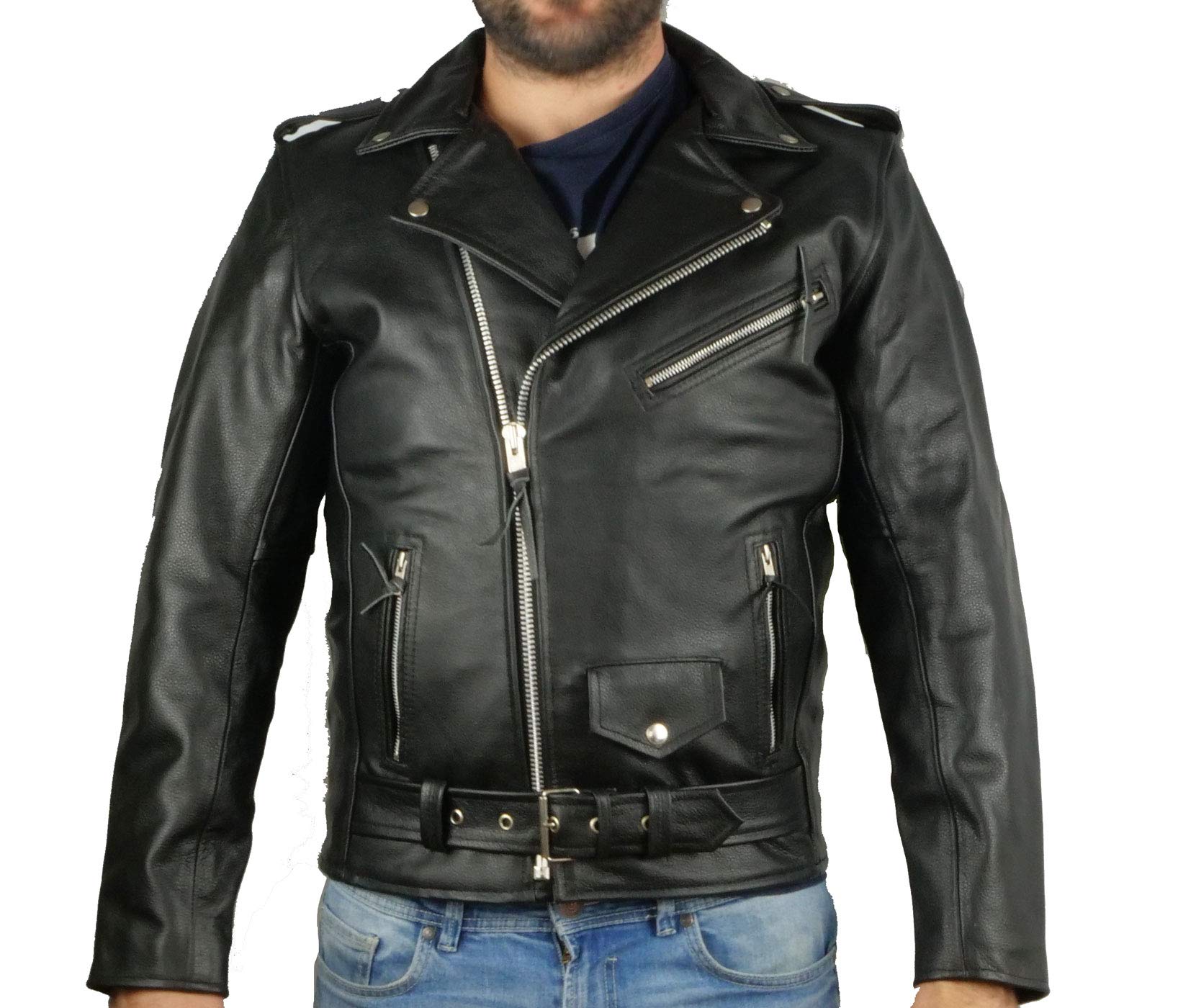 IGUANA CUSTOM CLOTHES Chaqueta Cruzada para Hombre de autentico Cuero de Vaca de Estilo rockero, Punk o Motero con cinturón y Forro, un Estilo clásico Que Nunca Pasa de Moda. (XS)