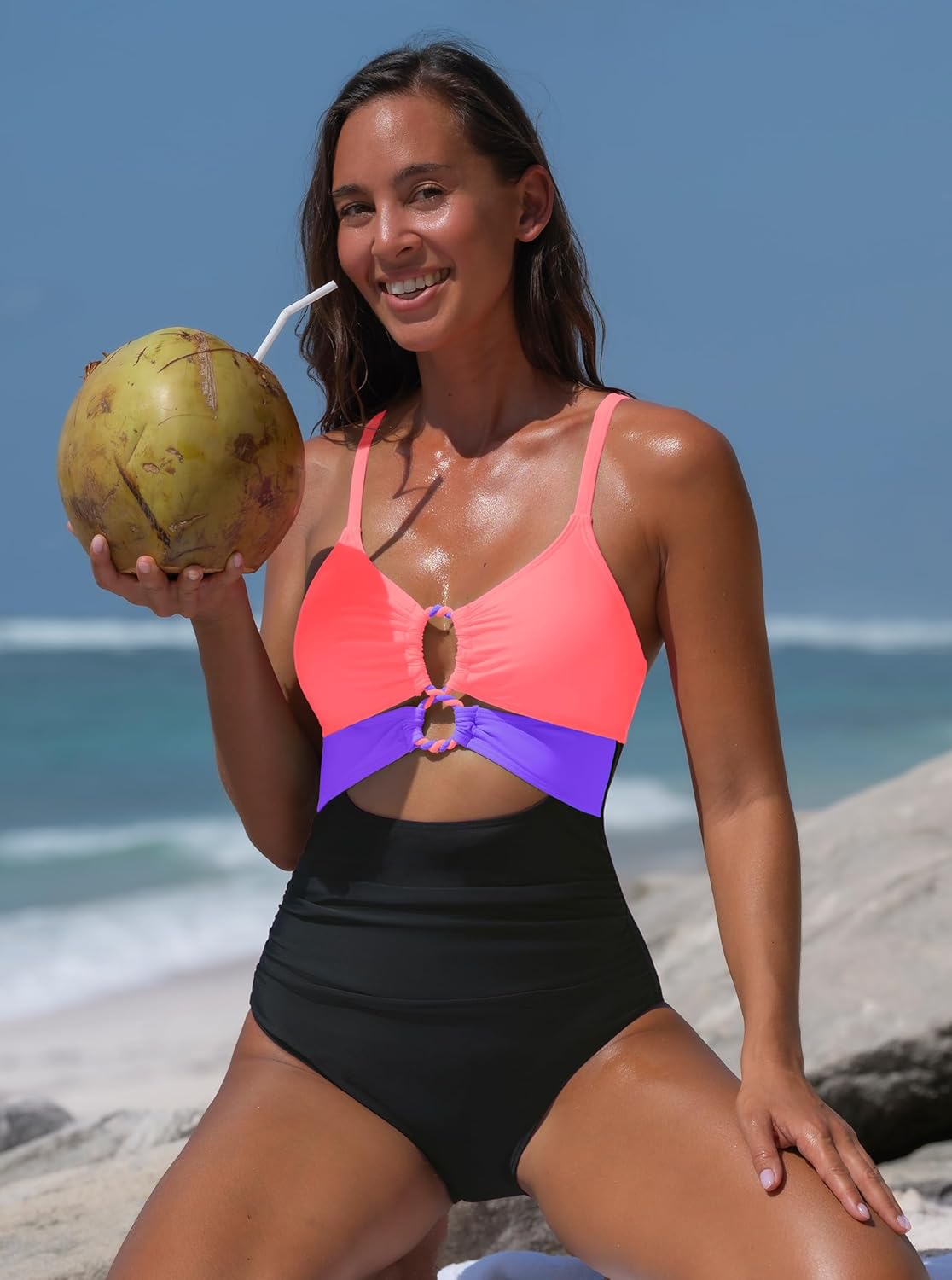 popvil One Piece Swimsuit for Women 2025 Sexy Neon Swim Suits Cut Out Tummy Control Bathing Suit Braid Color Block Swimwear - Image 6