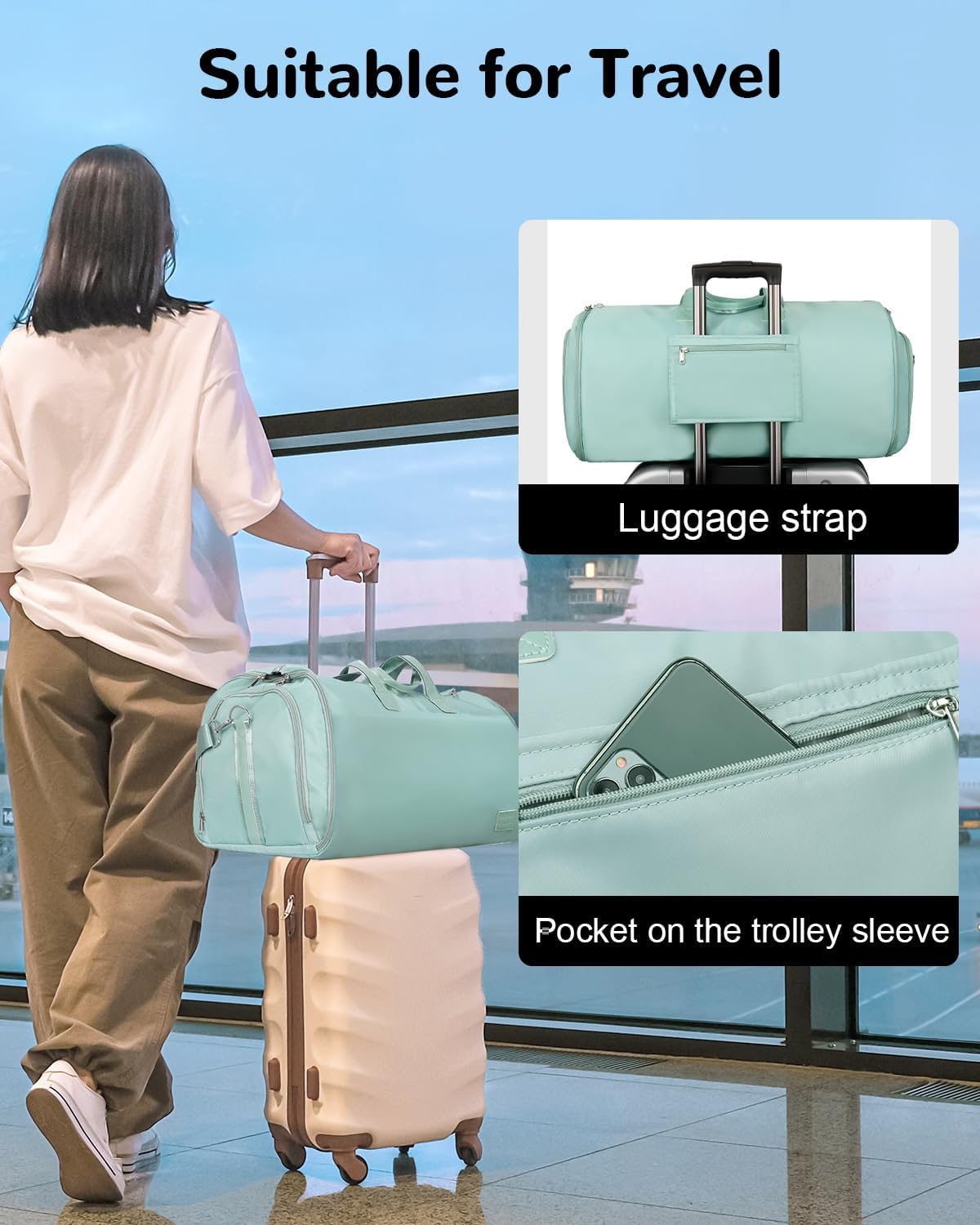 47L Large Convertible Travel Garment Duffel Bag for Men Women, 2 in 1 Hanging Suit Bag with Shoulder Strap, Green