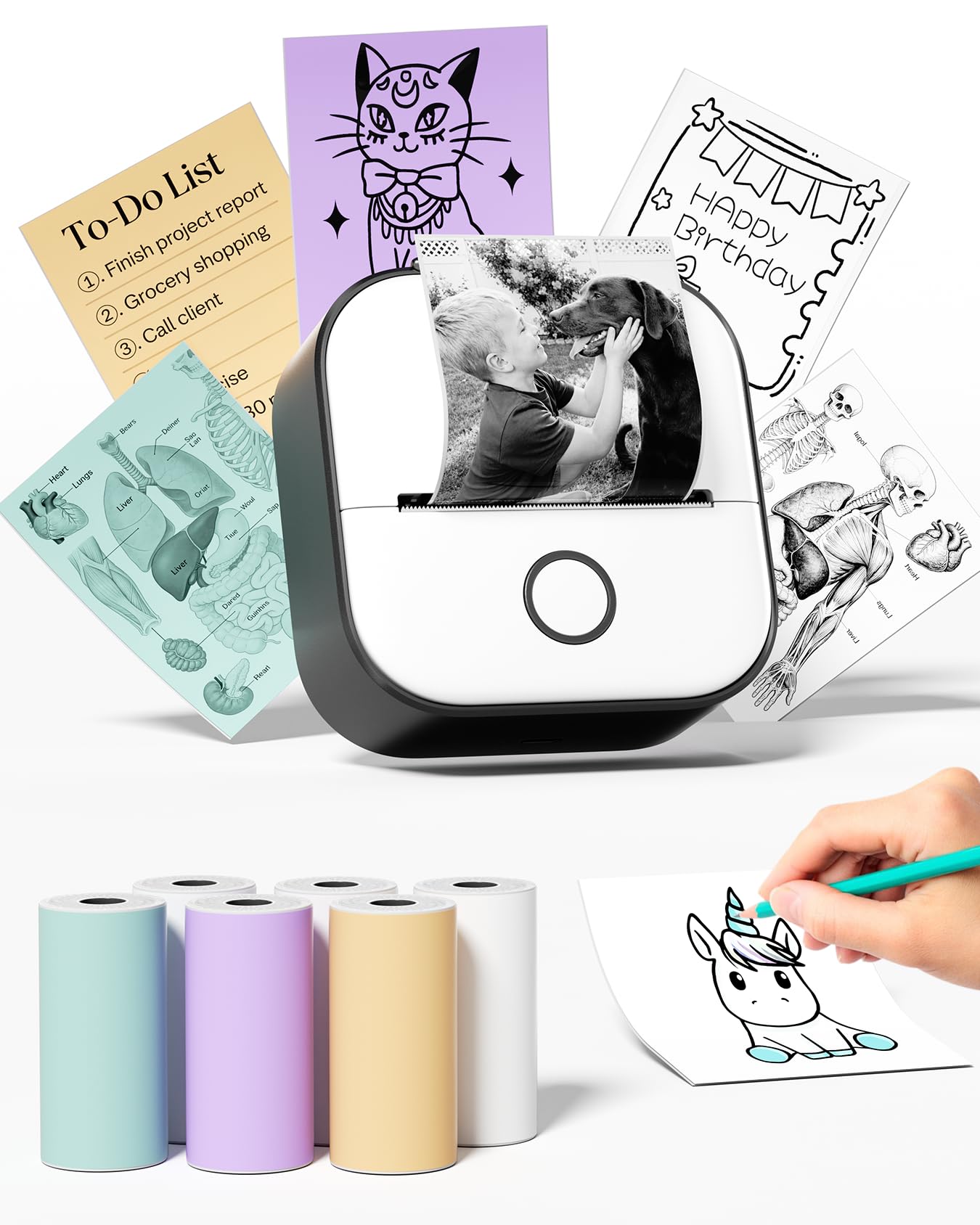 Mini Stampante Portatile, T02 Termo Stampante Mini Bluetooth per Telefono | Stampante Termica Portatile con 6 Rotolo di Carta, Mini Printer per Foto, Appunti, Diari, DIY, Memo, Regalo (Nero)