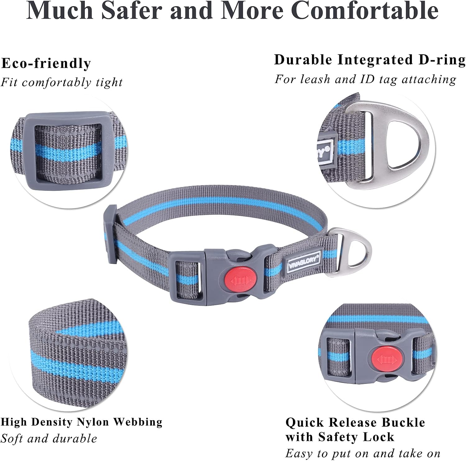 VIVAGLORY Nylon Dog Collar with Safety Quick Release Buckle, Reflective & Adjustable Nylon Dog Collar for Medium Large Dogs, Grey/Blue