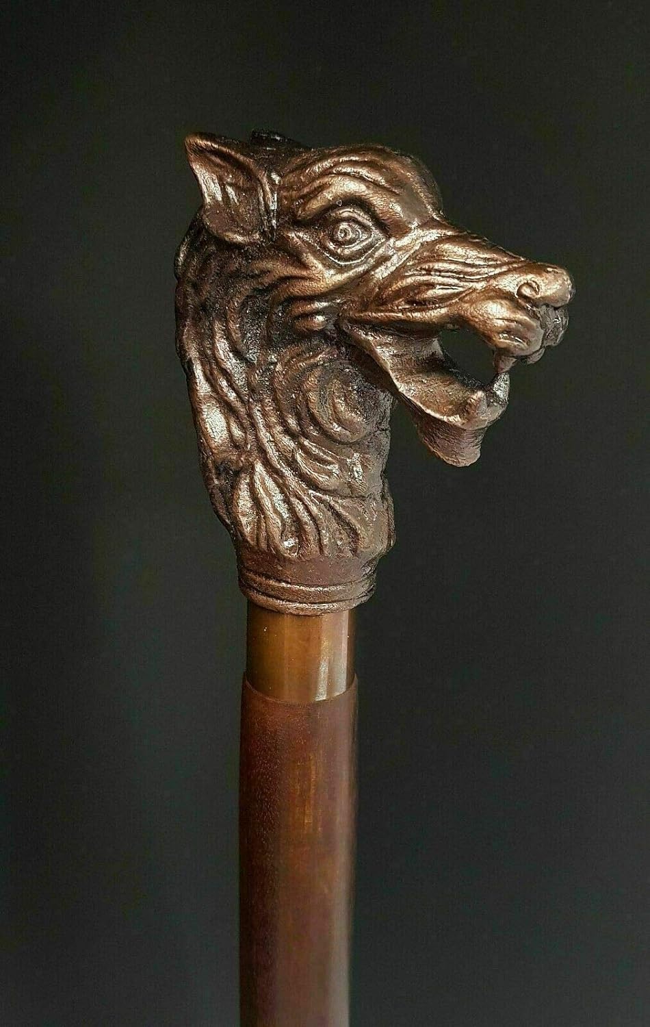 Waziha Noutical Handmade Walking Stick Wolf Head Copper