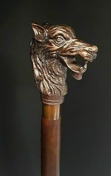Handmade Walking Stick, Wolf Head Copper Handle, Brown, 36 inch