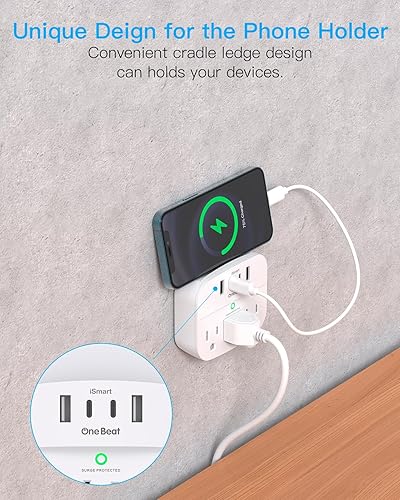Miniatura 4 de Divisor de enchufes múltiples con USB, extensor de salida protector de sobretensiones con 3 salidas de pared, 4 cargadores de pared USB (2 USB C),