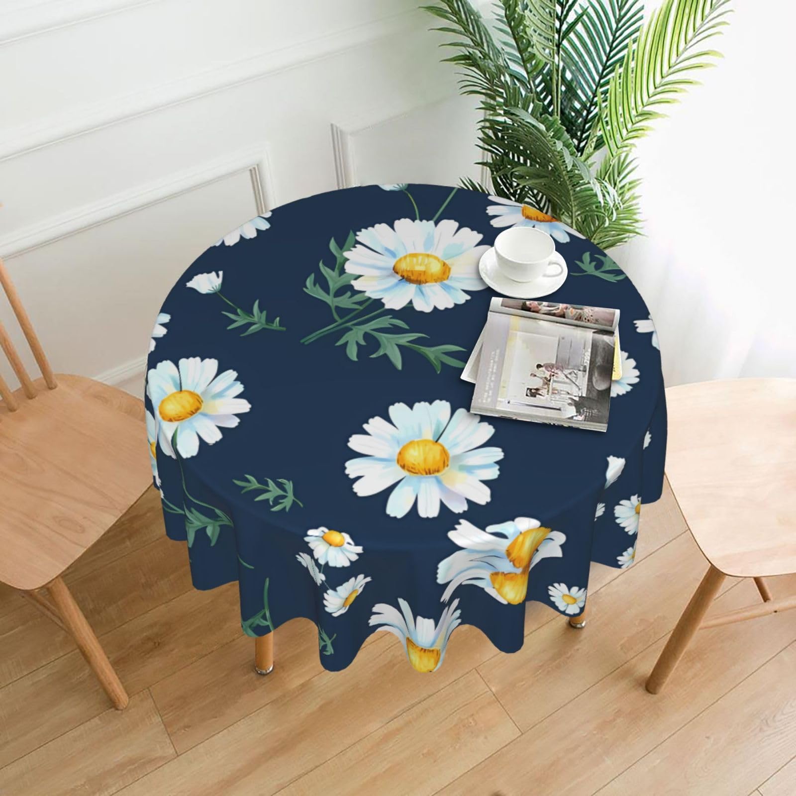 WHJSSF Daisy Prints Round Decorative Tablecloth 60in - Elevate Your Dining Experience with a Stylish & Protective Table Throw