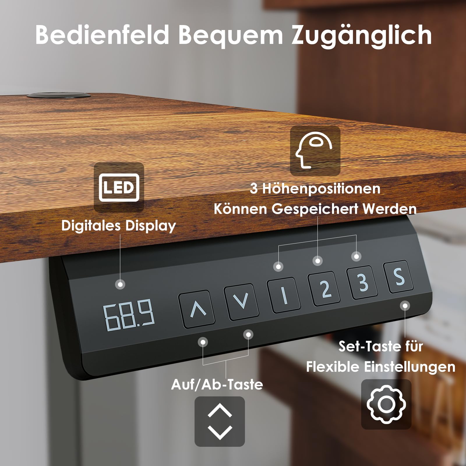 Schreibtisch Höhenverstellbar Elektrisch 120x60 cm, Braun | Steh-Sitz Tisch mit 3 Höhen Memory-Funktion, Verstellbarer Computertisch mit Schubladen für Heimbüro Studium