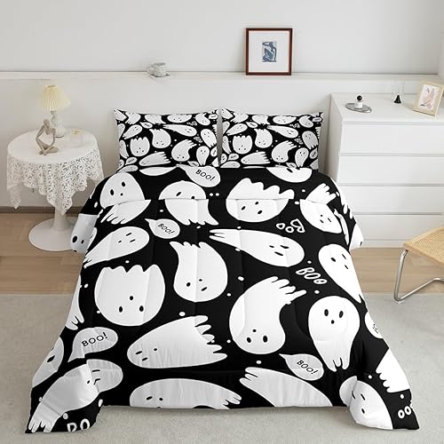 Juego de ropa de cama de Halloween, tamaño matrimonial, juego de edredón de fantasmas de dibujos animados para niños y niñas, lindo edredón kawaii